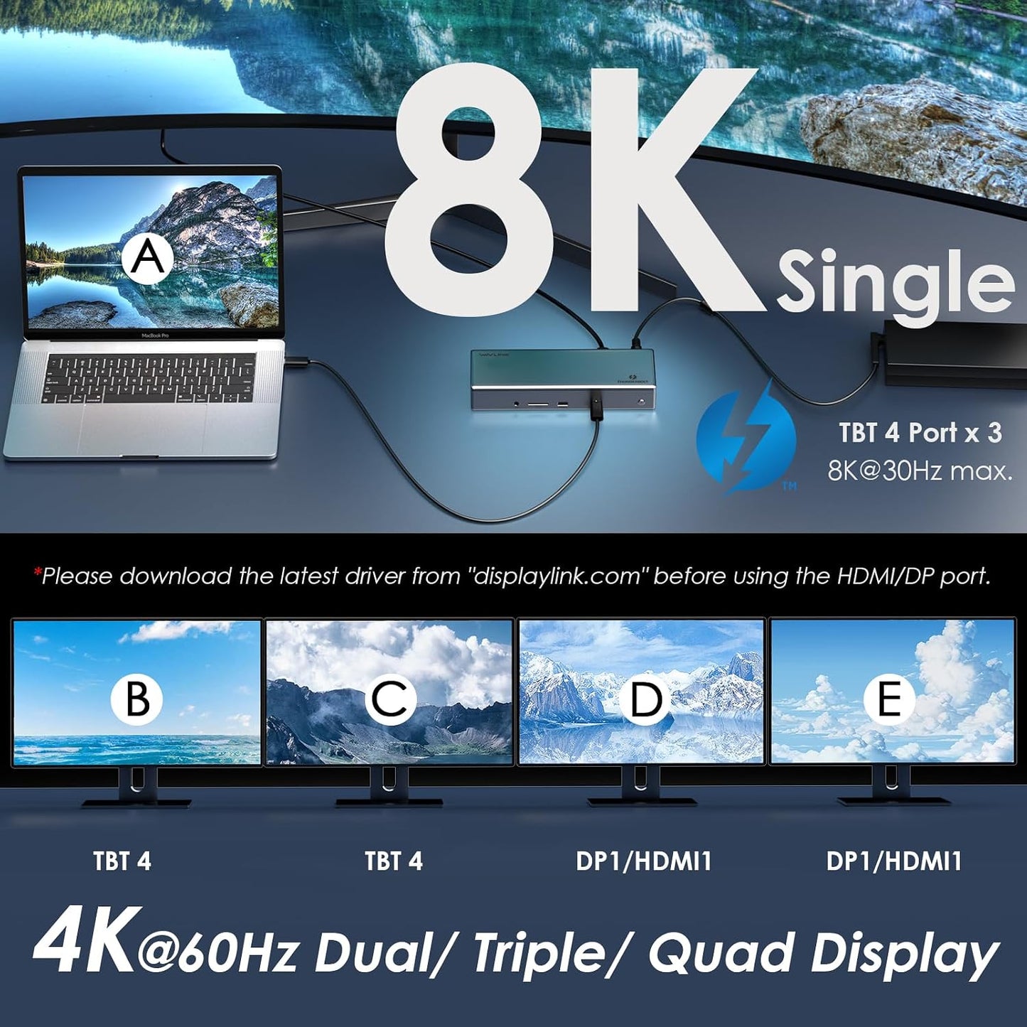 WAVLINK 15-in-1 Thunderbolt 4 Docking Station Quad Monitor 4K@60Hz Silver DEMO