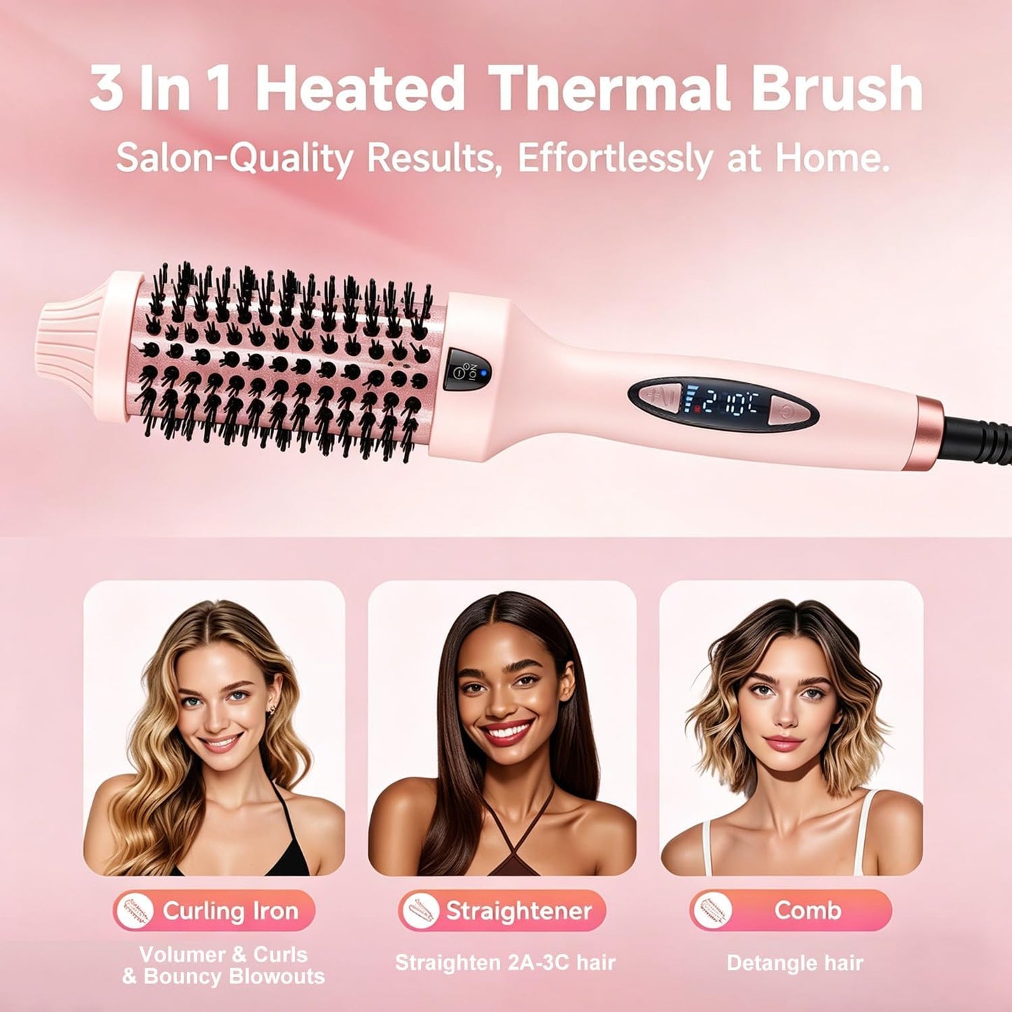 Pink Thermal Hair Styling Brush for Fast Heating Curling & Blowouts NEW