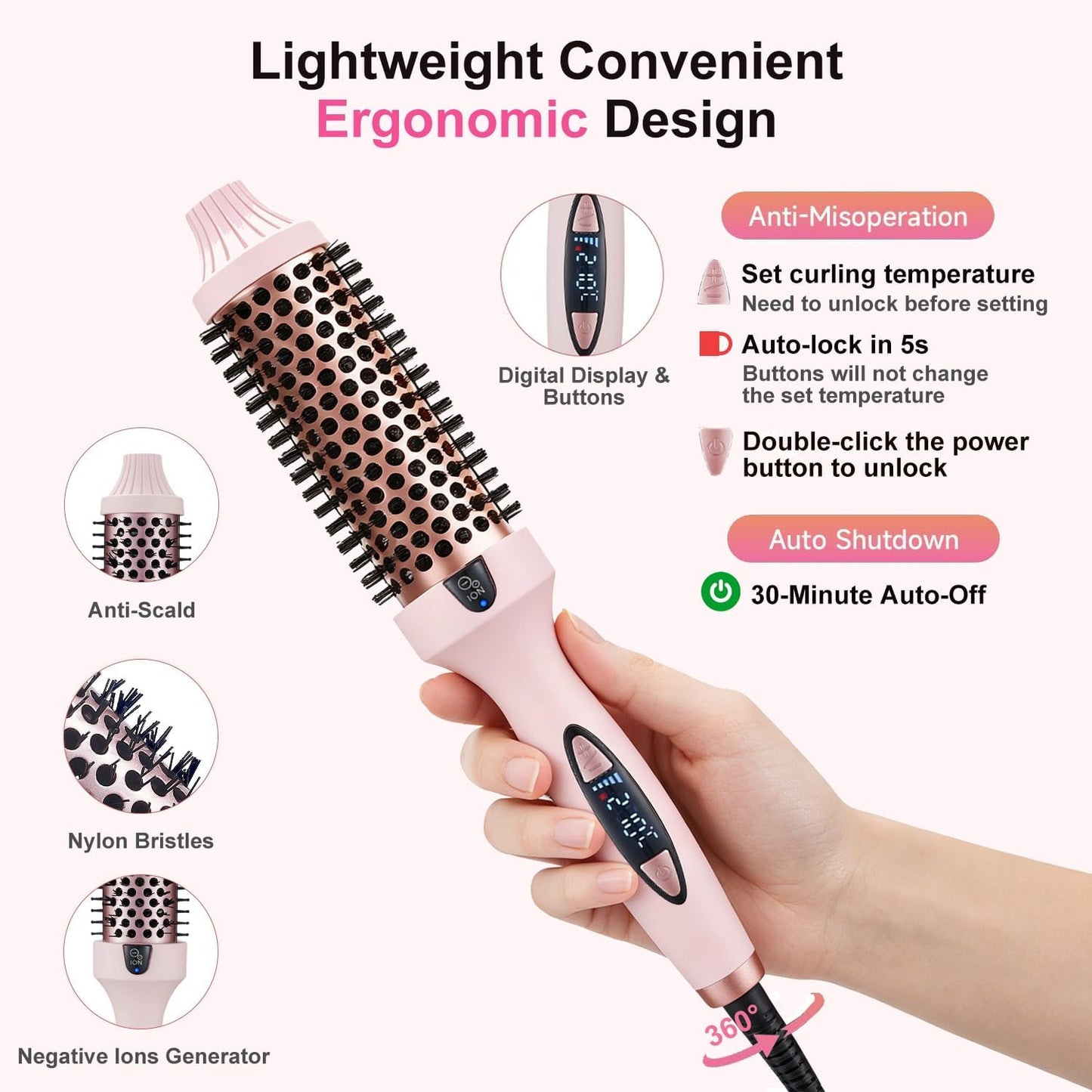 Pink Thermal Hair Styling Brush for Fast Heating Curling & Blowouts NEW