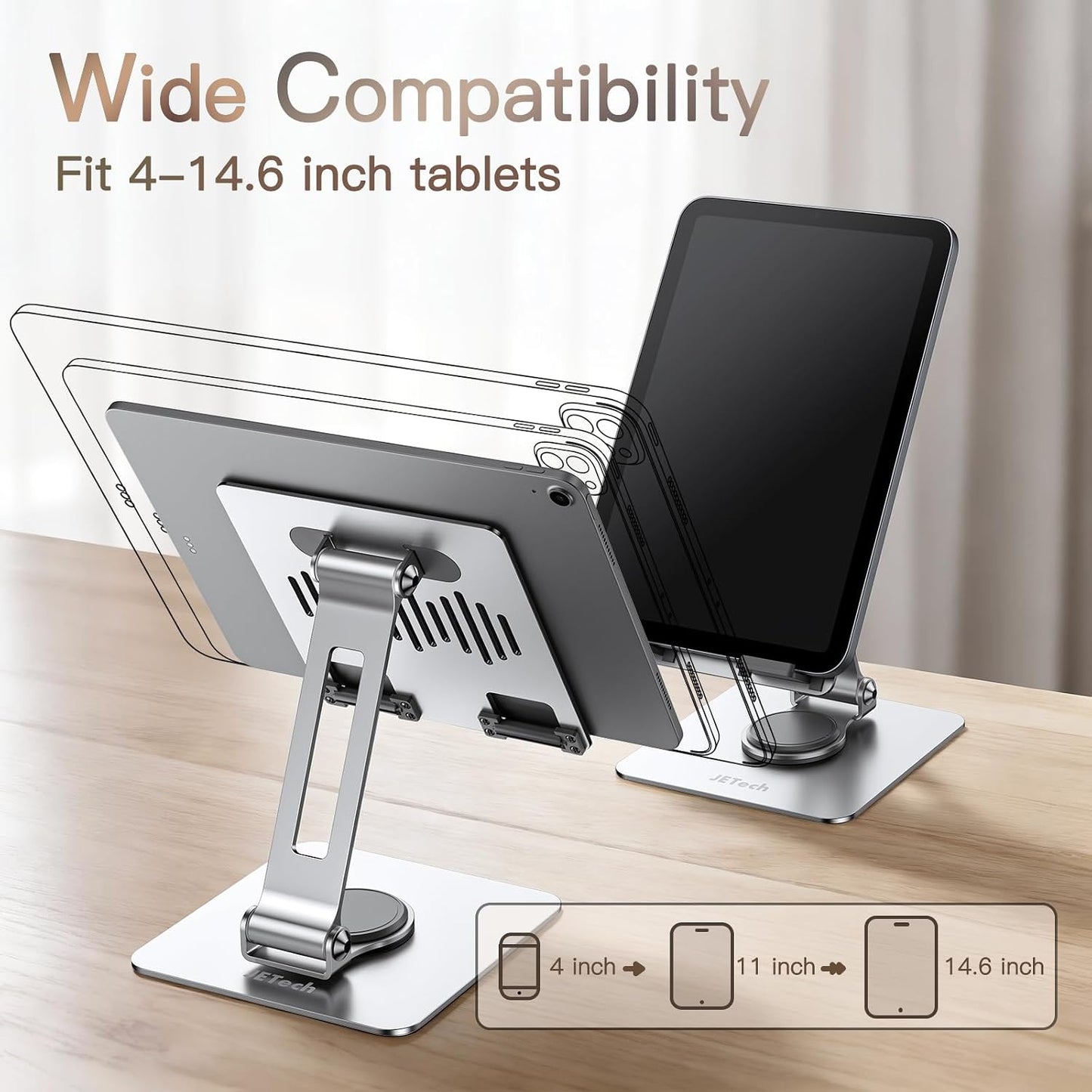 JETech Adjustable Stands Swivel Tablet Stand for 4-13 Inch Tablets, Silver NEW