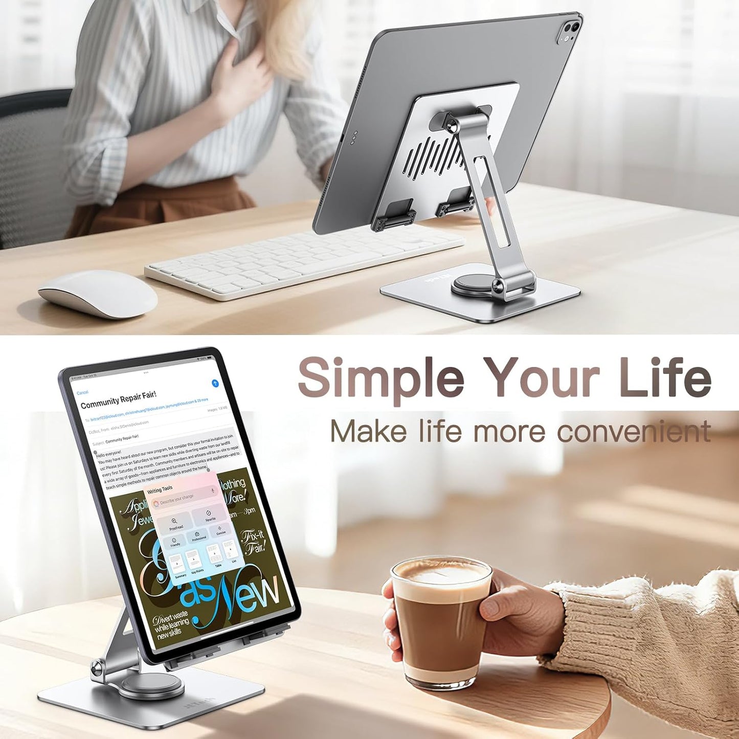 JETech Adjustable Stands Swivel Tablet Stand for 4-13 Inch Tablets, Silver NEW