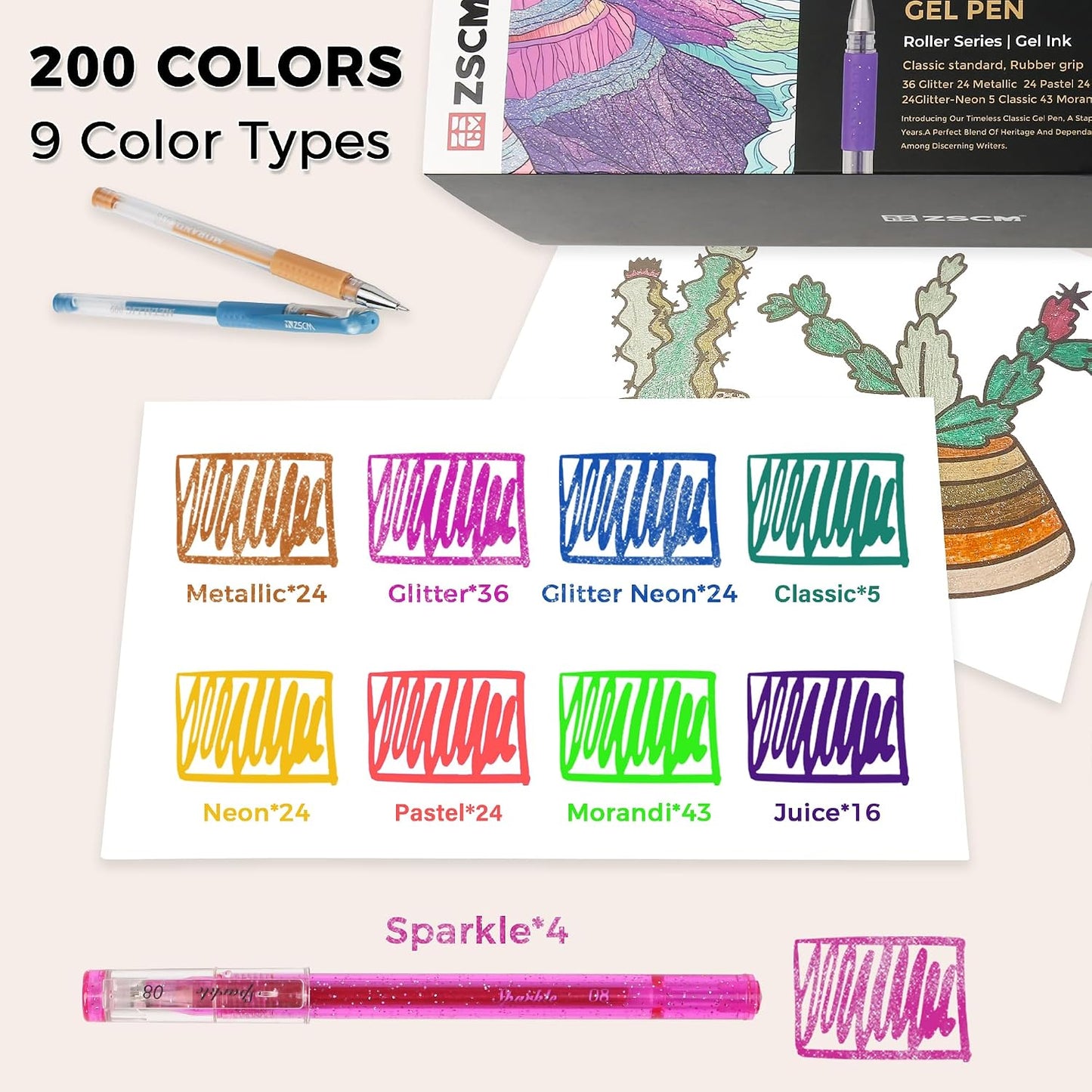 ZSCM 200 Pens Piece Gel Pen Set - Vibrant Colour Artist Drawing Supplies NEW