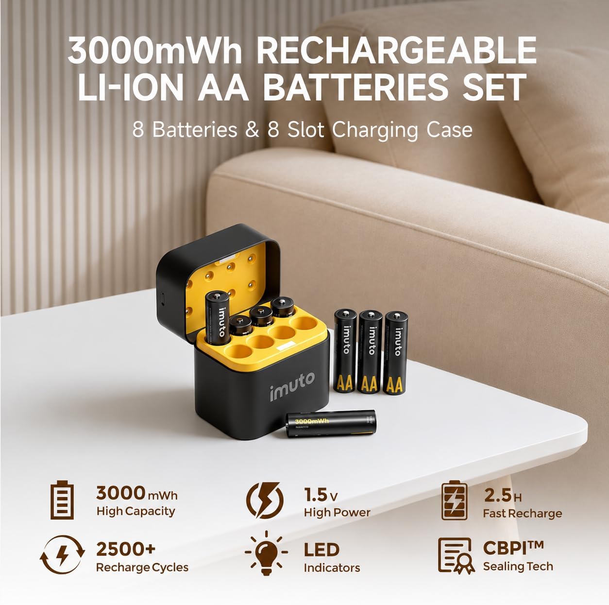 imuto Rechargeable AA Batteries 8-Pack with Fast Charger, 3000mAh 1.5V NEW
