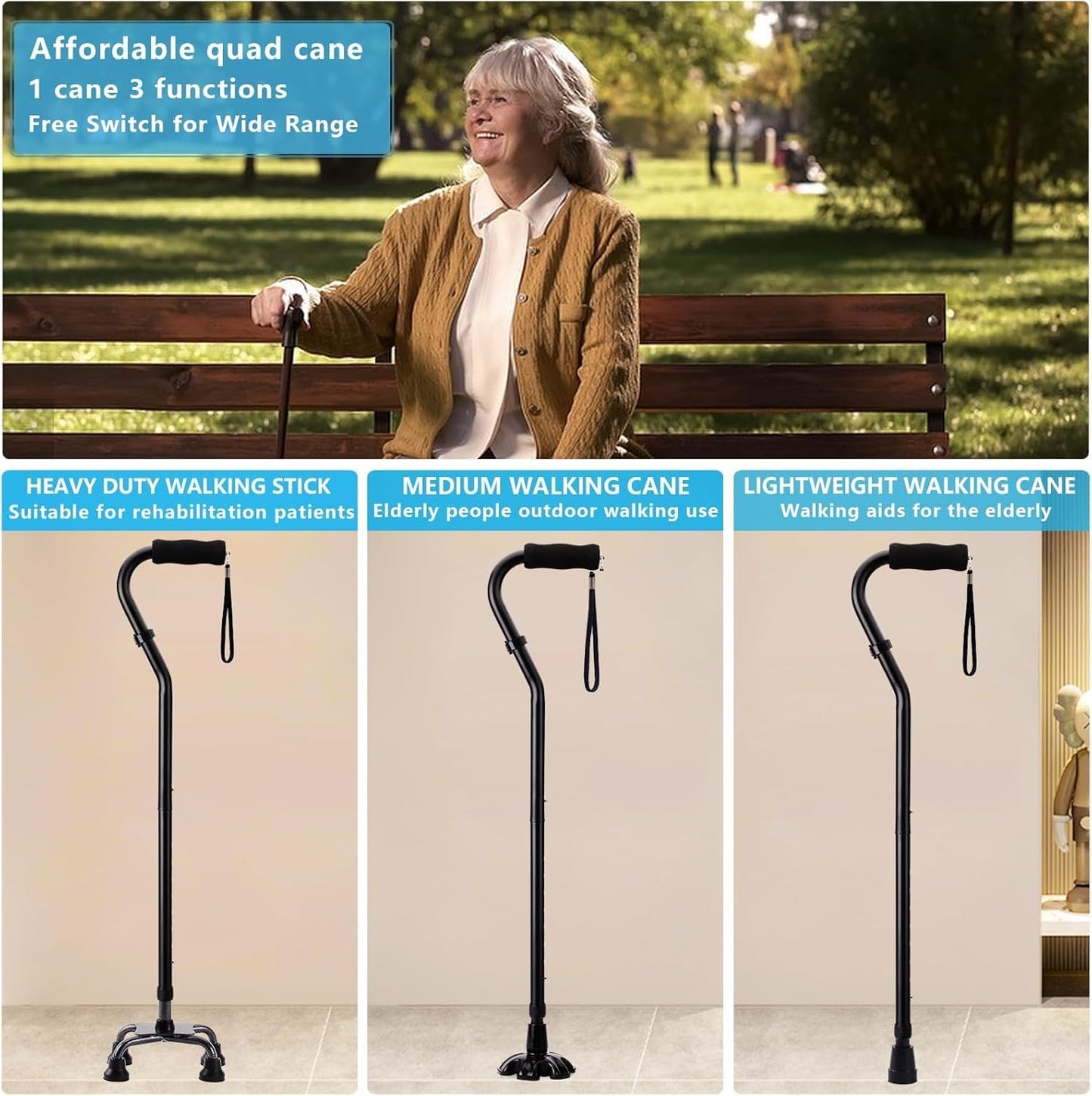 Adjustable Foldable Black Walking Cane for Elderly Seniors Adults NEW