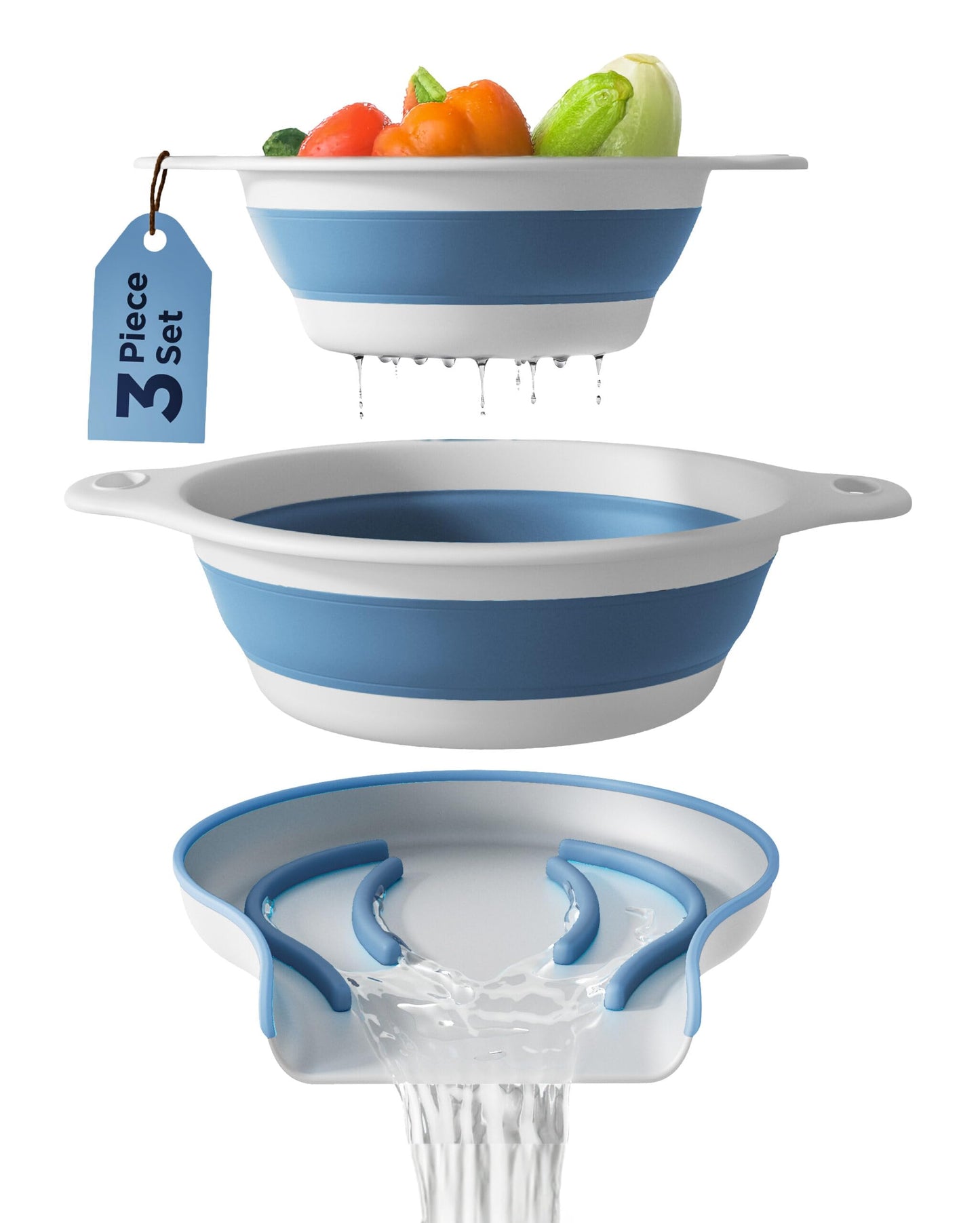 Gevoli Collapsible Colanders Set of 2 Food Strainers White and Blue Kitchen NEW