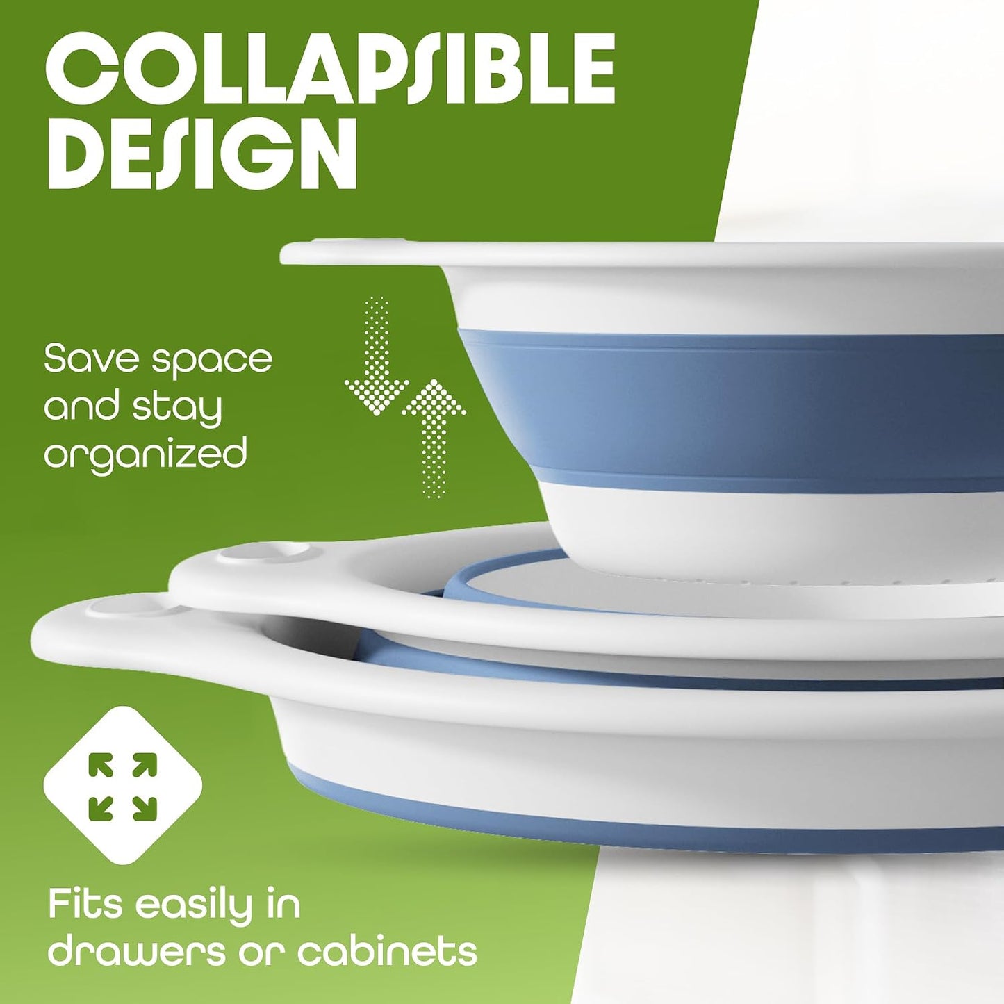 Gevoli Collapsible Colanders Set of 2 Food Strainers White and Blue Kitchen NEW
