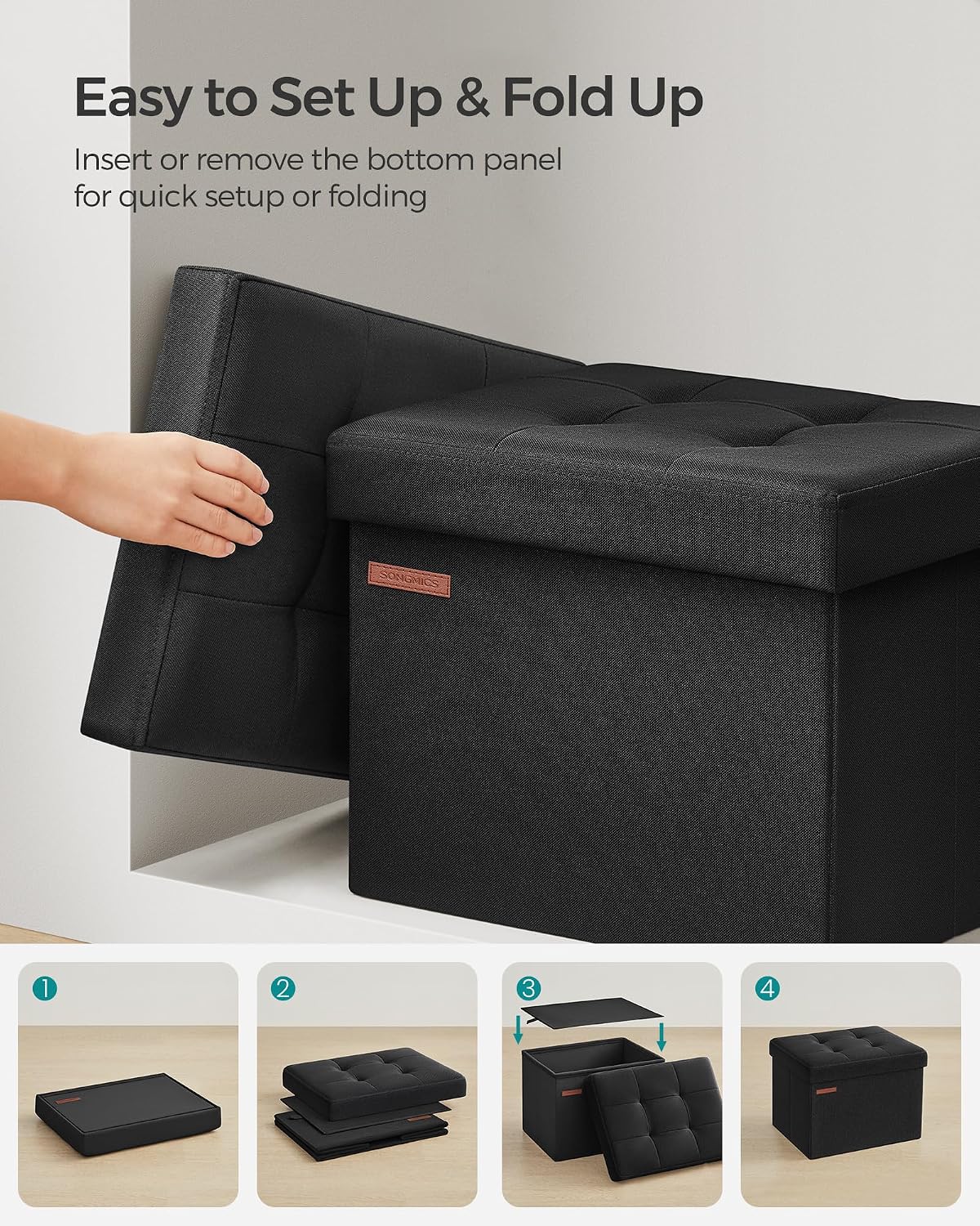 SONGMICS Folding Ottomans Storage Ottoman Foot Rest Stool, 12.2" x 16.1", NEW