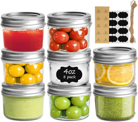 ComSaf 4oz Glass Mason Jars 8 Pack Regular Mouth Canning with Lids Clear & NEW