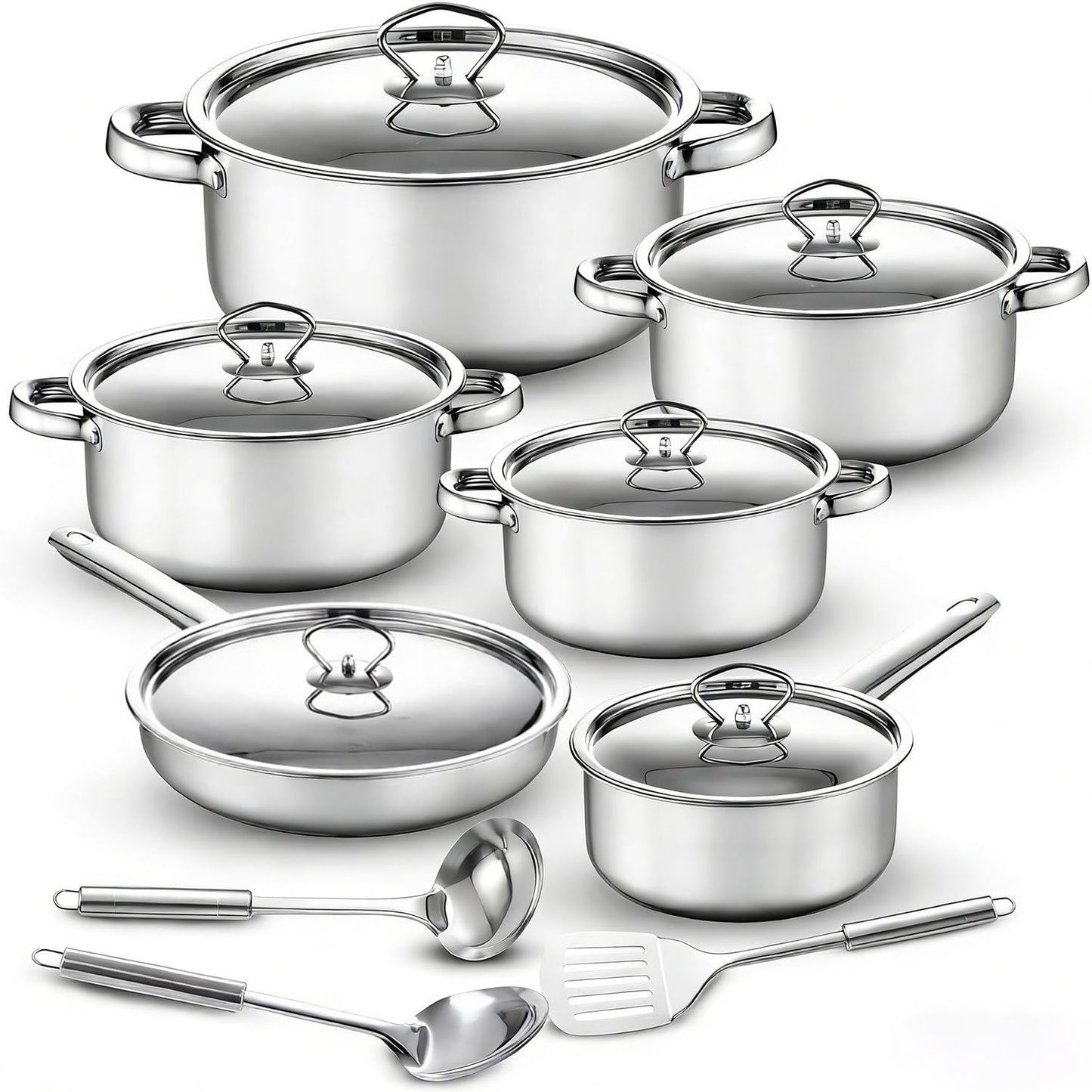 15 Piece Stainless Steel Pot and Pan Cookware Set Premium Nonstick Silver DEMO