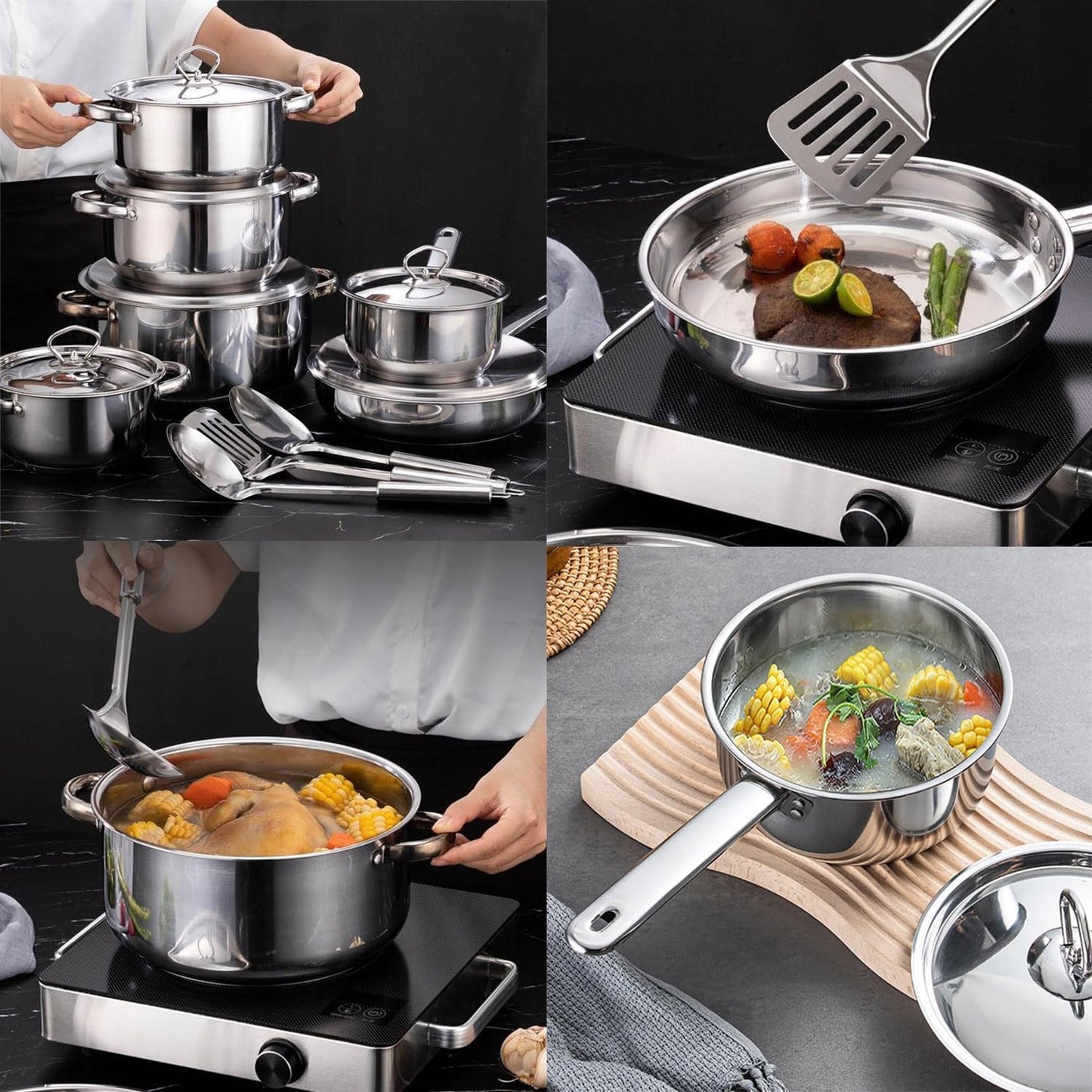 15 Piece Stainless Steel Pot and Pan Cookware Set Premium Nonstick Silver DEMO