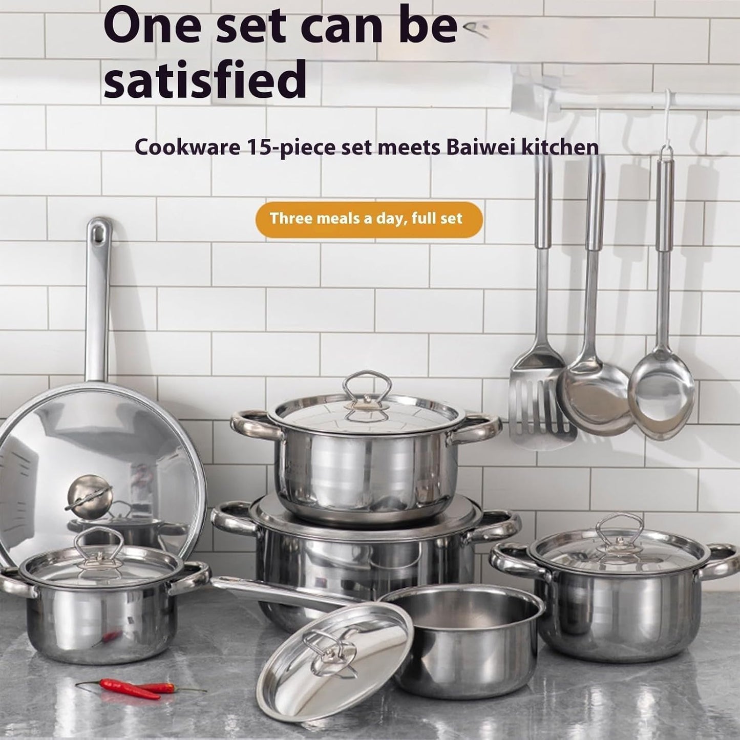15 Piece Stainless Steel Pot and Pan Cookware Set Premium Nonstick Silver DEMO
