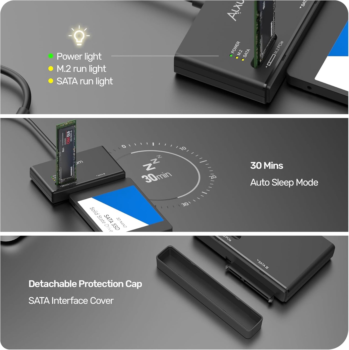 Alxum USB Enclosures 3.2 Gen 2 NVME M.2 to SATA SSD Enclosure Tool-Free DEMO