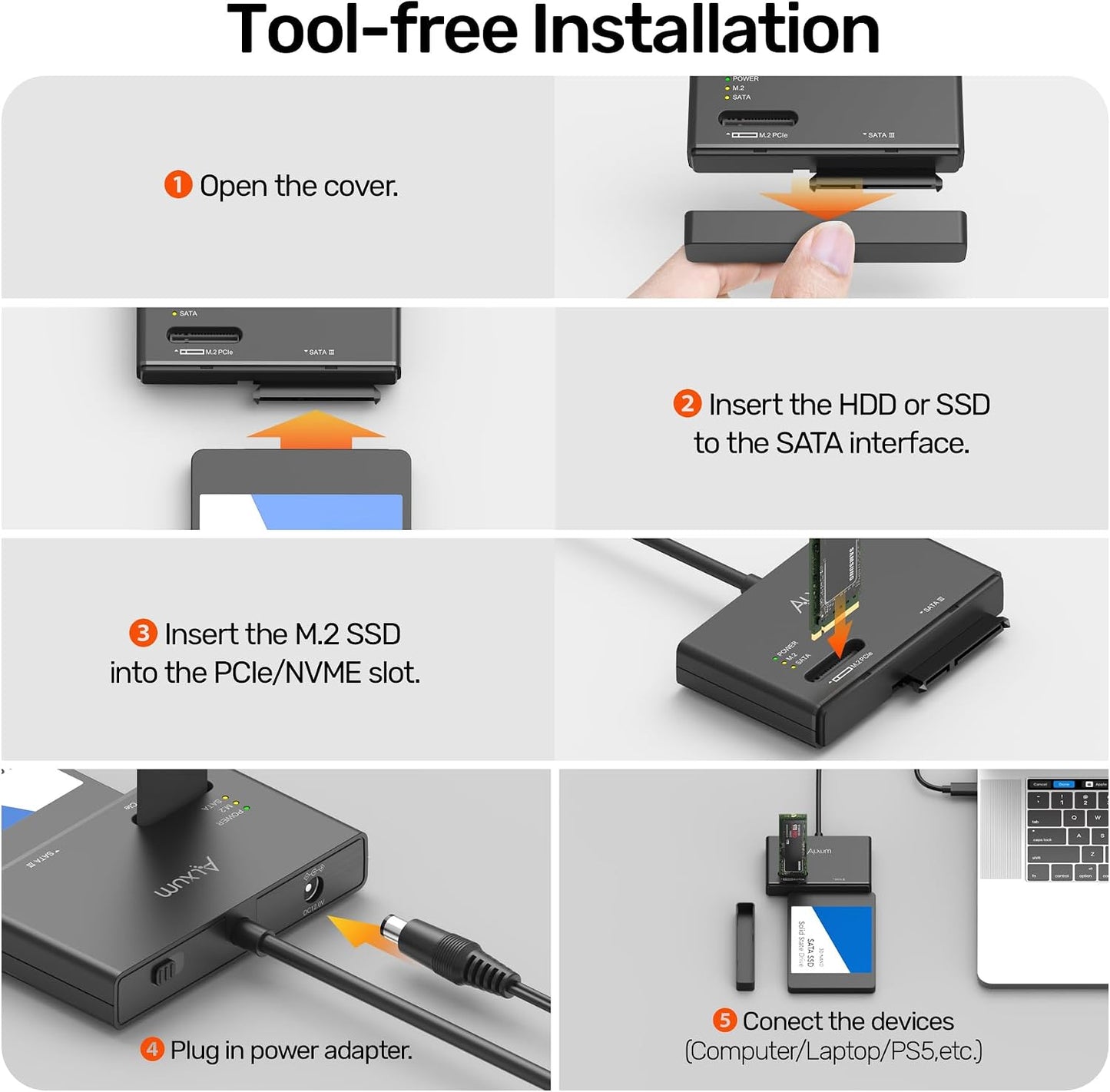 Alxum USB Enclosures 3.2 Gen 2 NVME M.2 to SATA SSD Enclosure Tool-Free DEMO