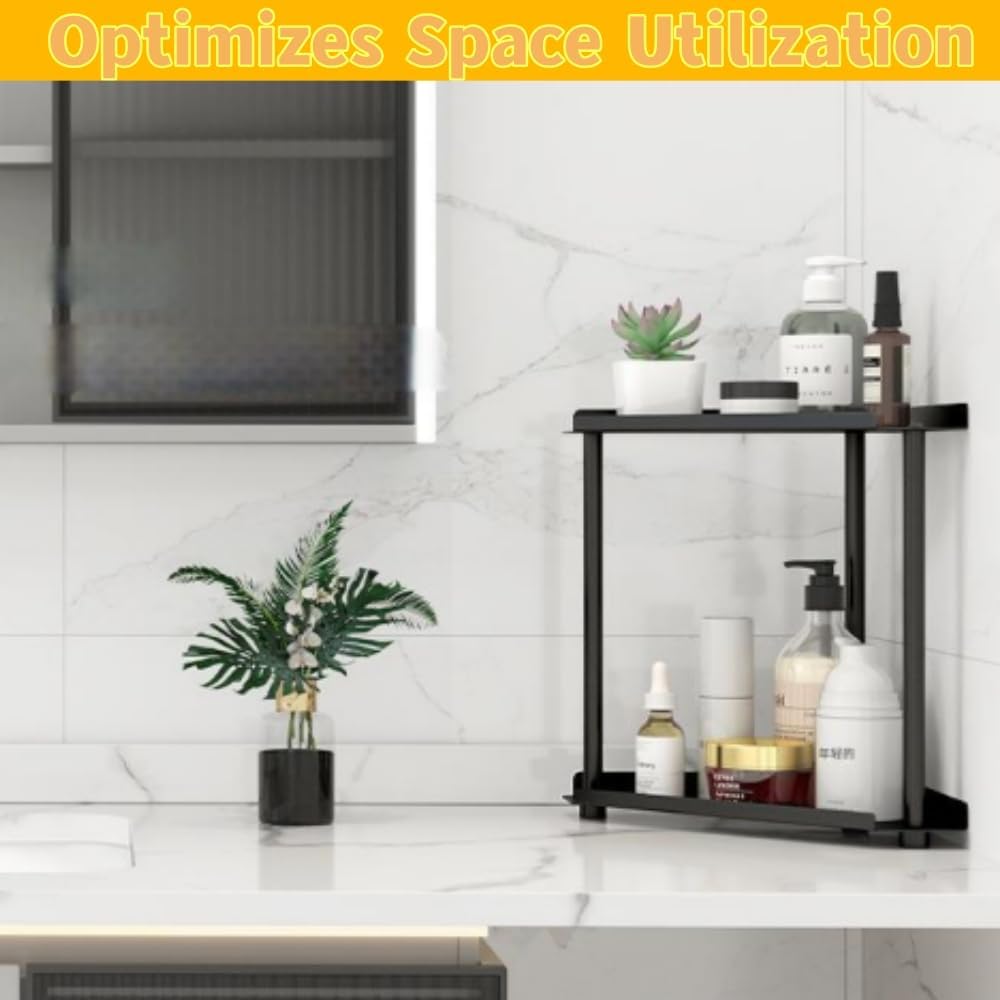 Sleek 2-Tier Bathroom Vanity Organizer Shelf, Black, 27x27x1cm, Makeup DEMO
