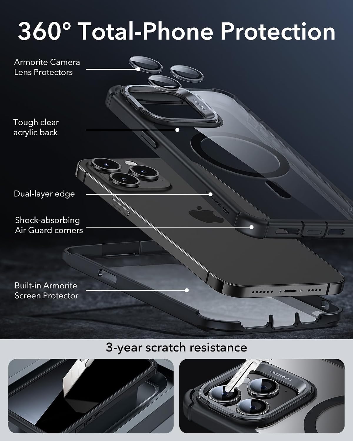 ESR Clear Black Phone Case with Stand and Screen Protector iPhone 14 Pro Max NEW