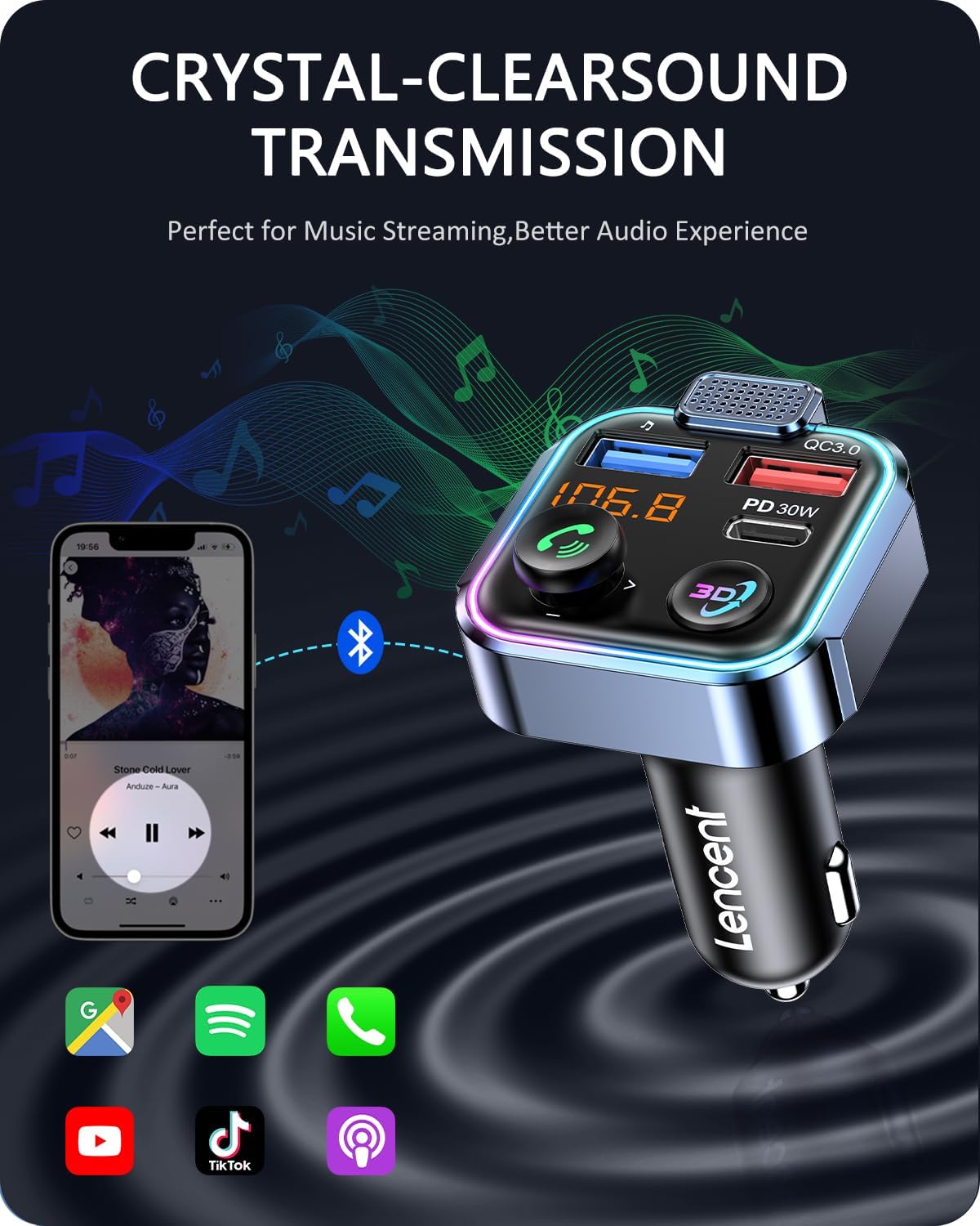 LENCENT Bluetooth Input Adapters Wireless FM Transmitter Radio Adapter for NEW