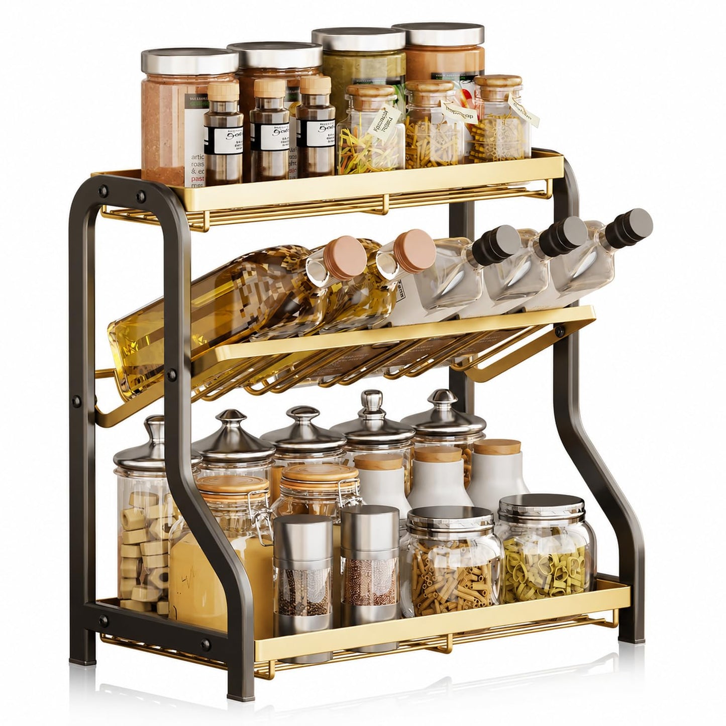 3-Tier Spice Rack Organizer Countertop Free Standing Rust-Proof Black Gold NEW