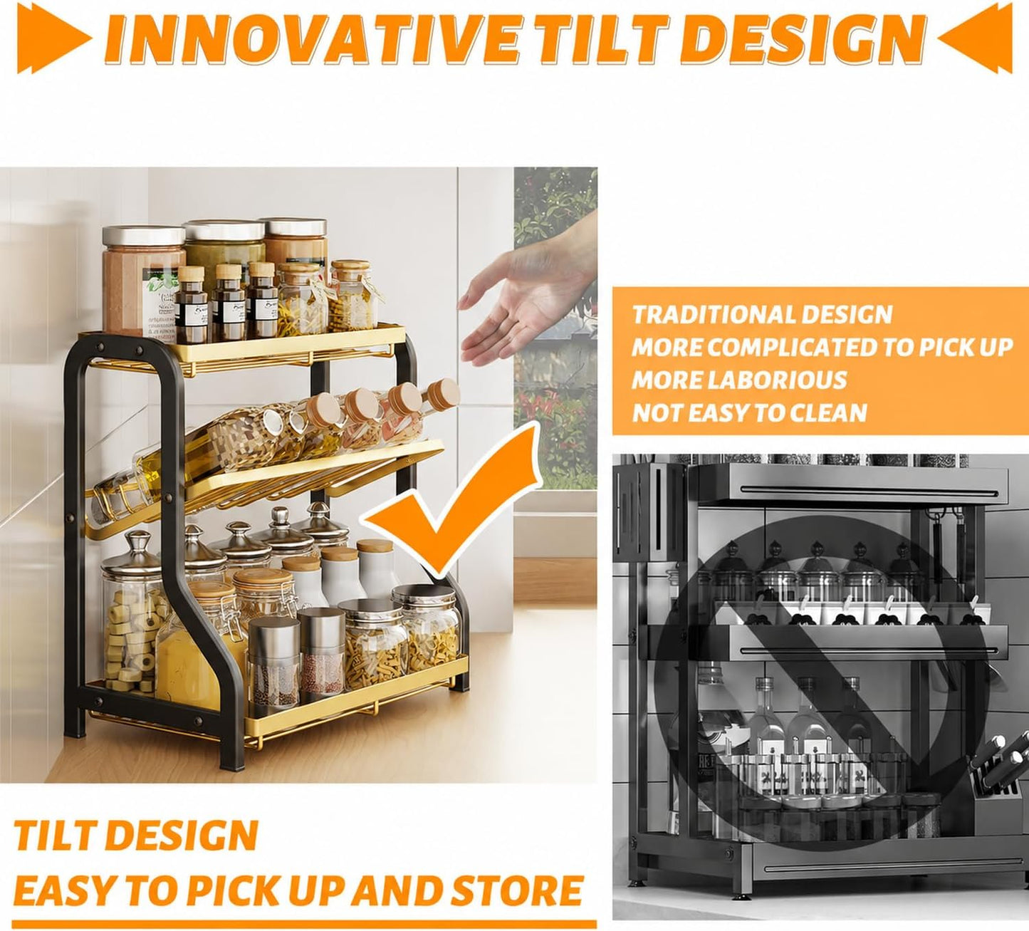 3-Tier Spice Rack Organizer Countertop Free Standing Rust-Proof Black Gold NEW
