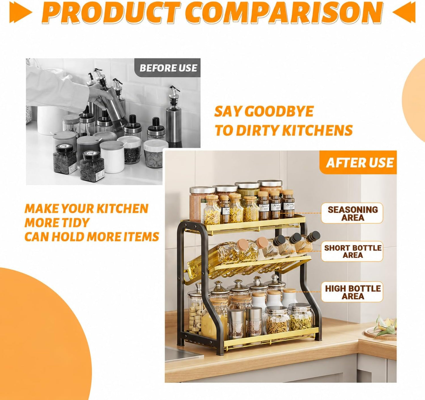 3-Tier Spice Rack Organizer Countertop Free Standing Rust-Proof Black Gold NEW