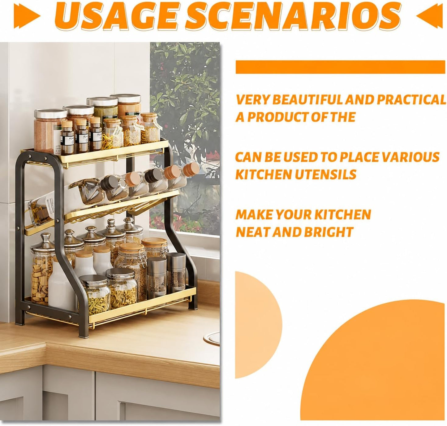 3-Tier Spice Rack Organizer Countertop Free Standing Rust-Proof Black Gold NEW