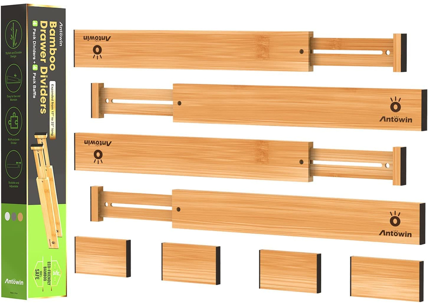 ANTOWIN Expandable Bamboo Drawer Dividers Organizers Separators for DEMO