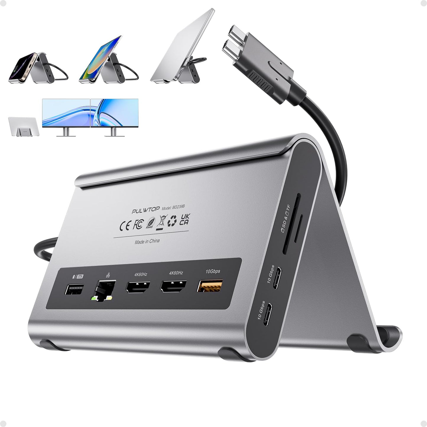 PULWTOP Dual Monitor 4K Docking Station for MacBook Pro/Air, Grey DEMO