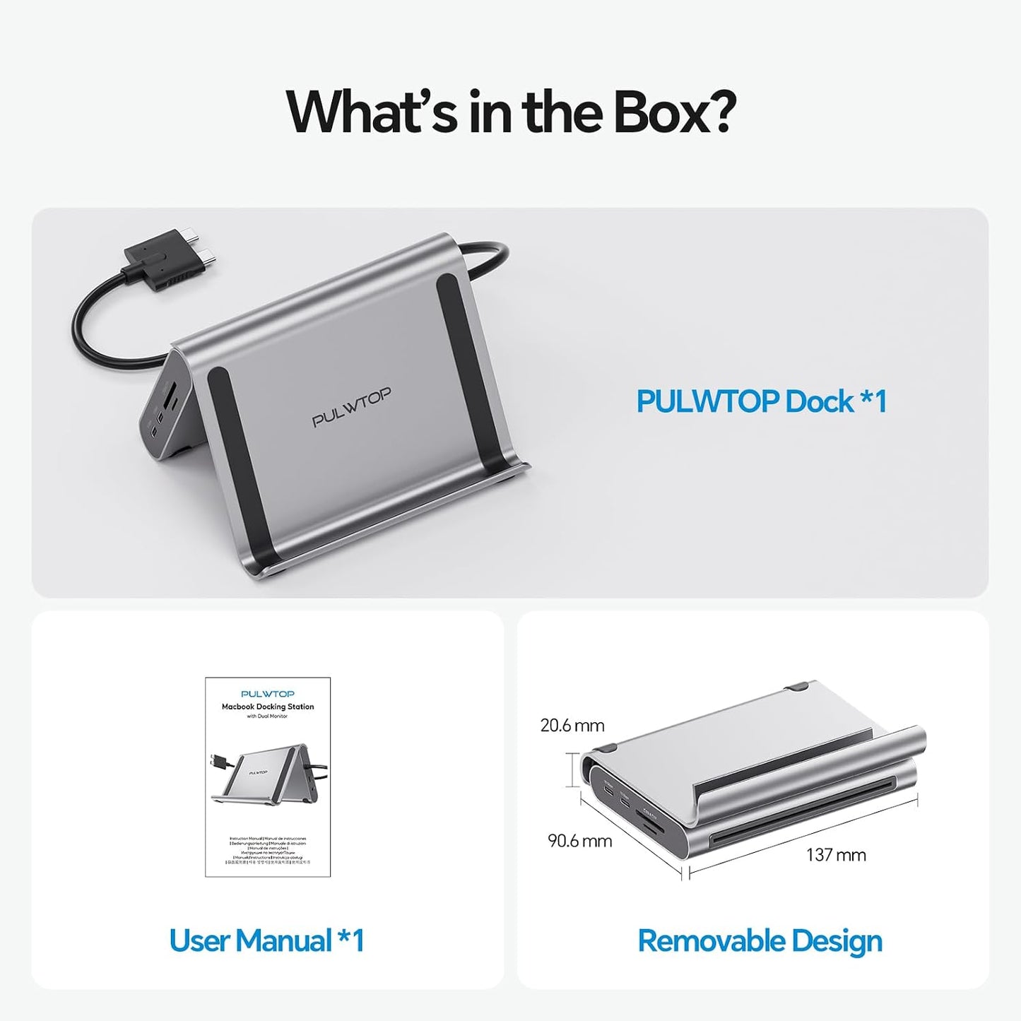 PULWTOP Dual Monitor 4K Docking Station for MacBook Pro/Air, Grey DEMO