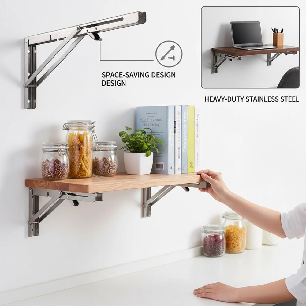 20 Inch Folding Shelf Brackets Heavy Duty Stainless Steel Storage Organizer NEW