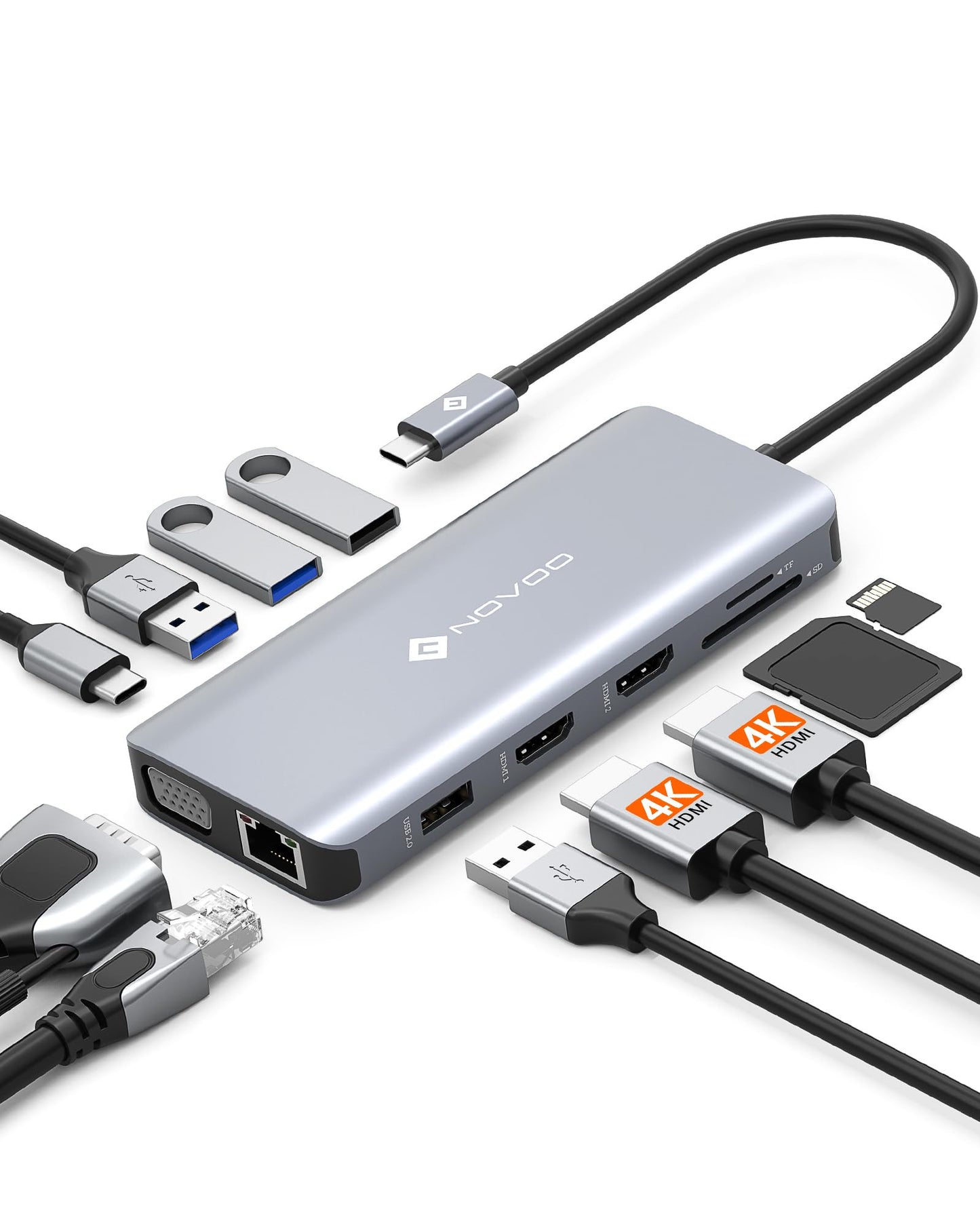 NOVOO 11-in-1 USB-C Docking Station with Dual HDMI Ports for Laptops, Grey DEMO