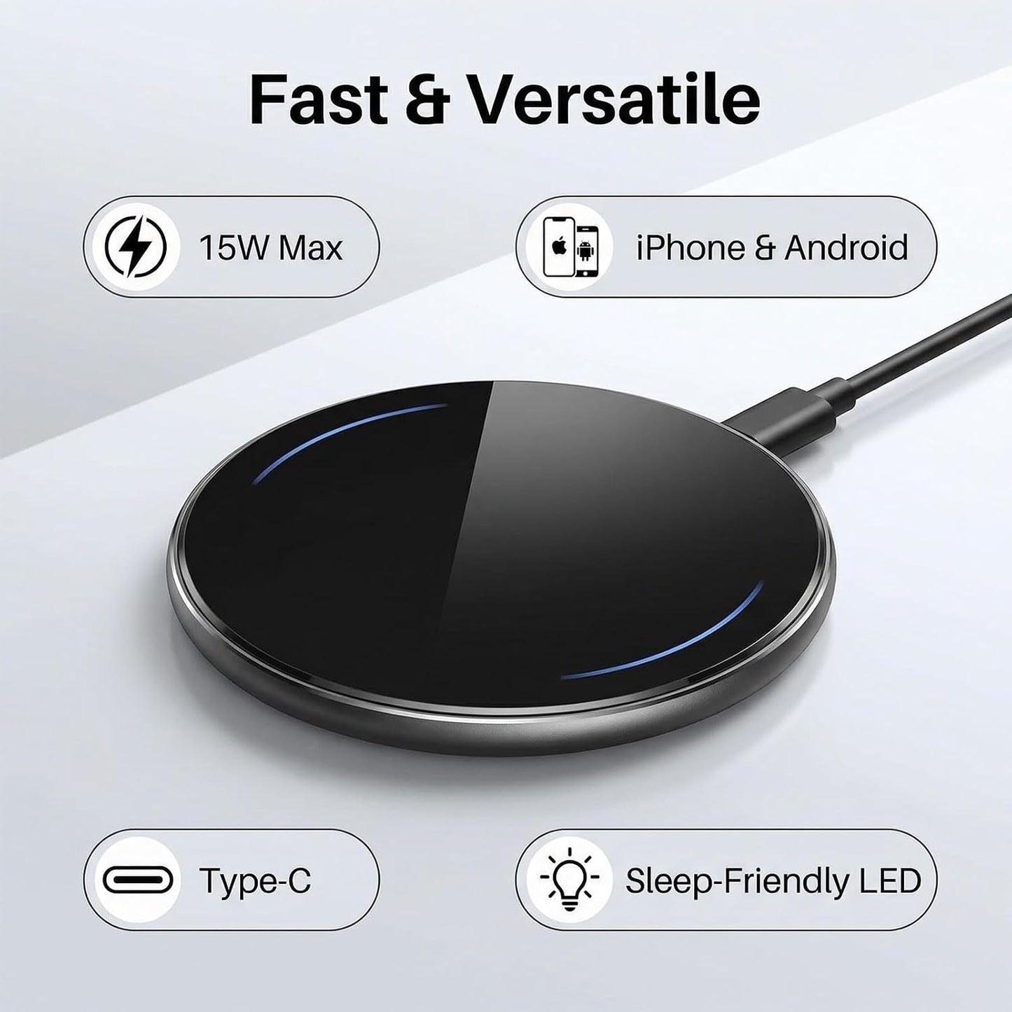 15W Fast Wireless Charger Pad Anti-Slip Type-C Induction Charging Black DEMO