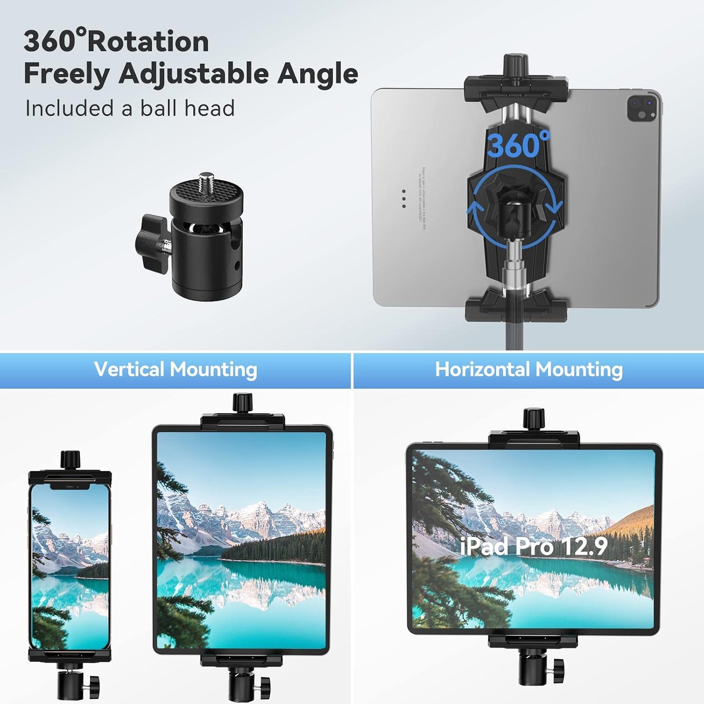 KDD Black Tripod Mount Adapter with Ball Head for Tablet Holder DEMO