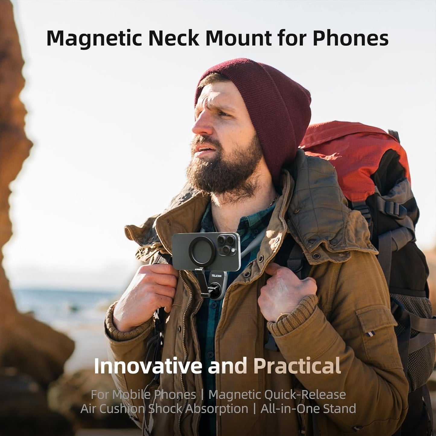 TELESIN Magnetic Mounts Hands-Free Grey Phone Holder Stand for Desk, Car, DEMO