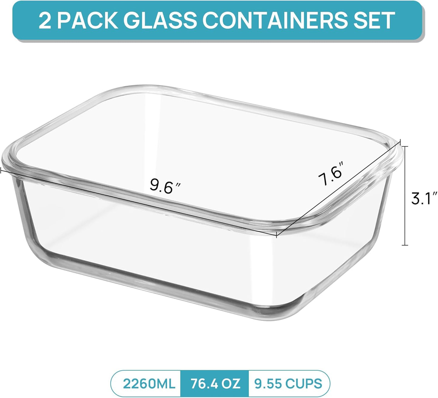 Vtopmart Large 2260ml Glass Food Storage Container Sets with Lids Grey Size NEW