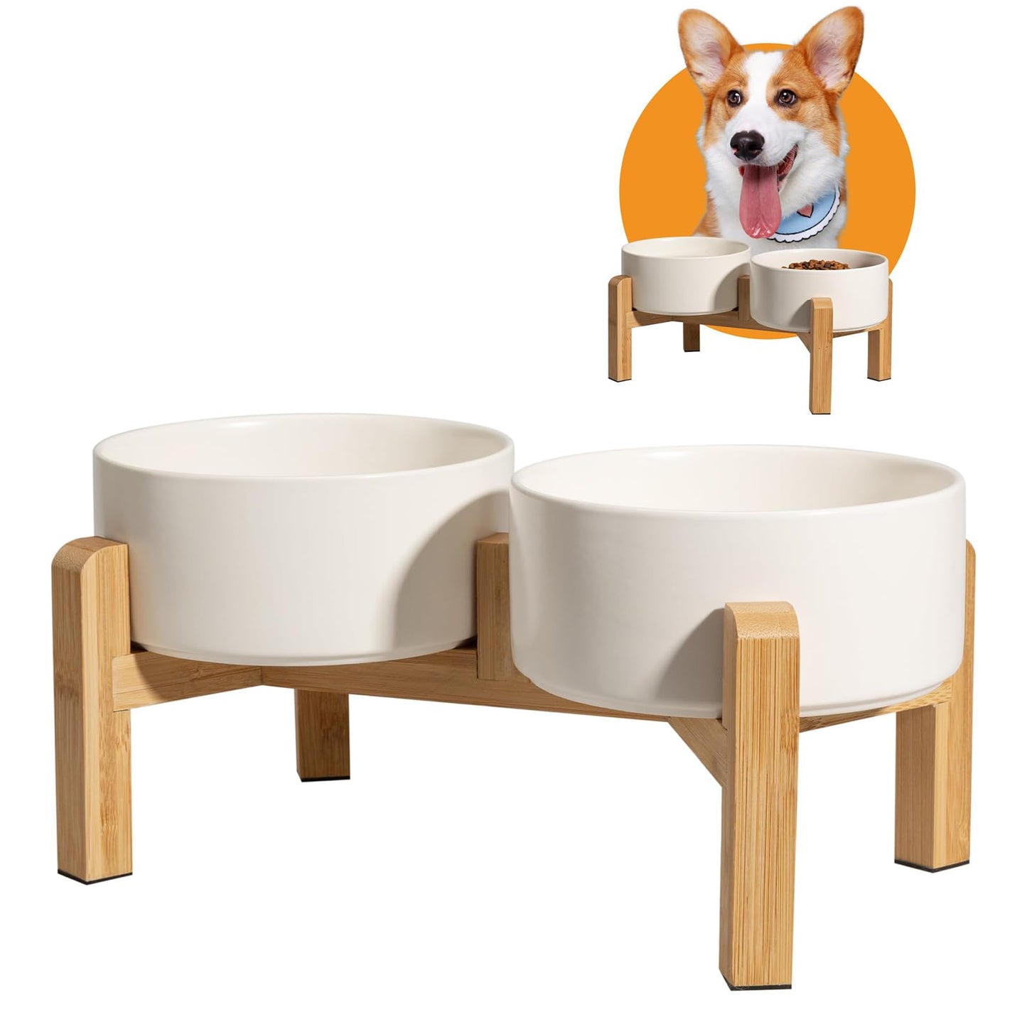Elevated Ceramic Dog Bowls with Non-Slip Bamboo Base White 28oz x 2pcs NEW