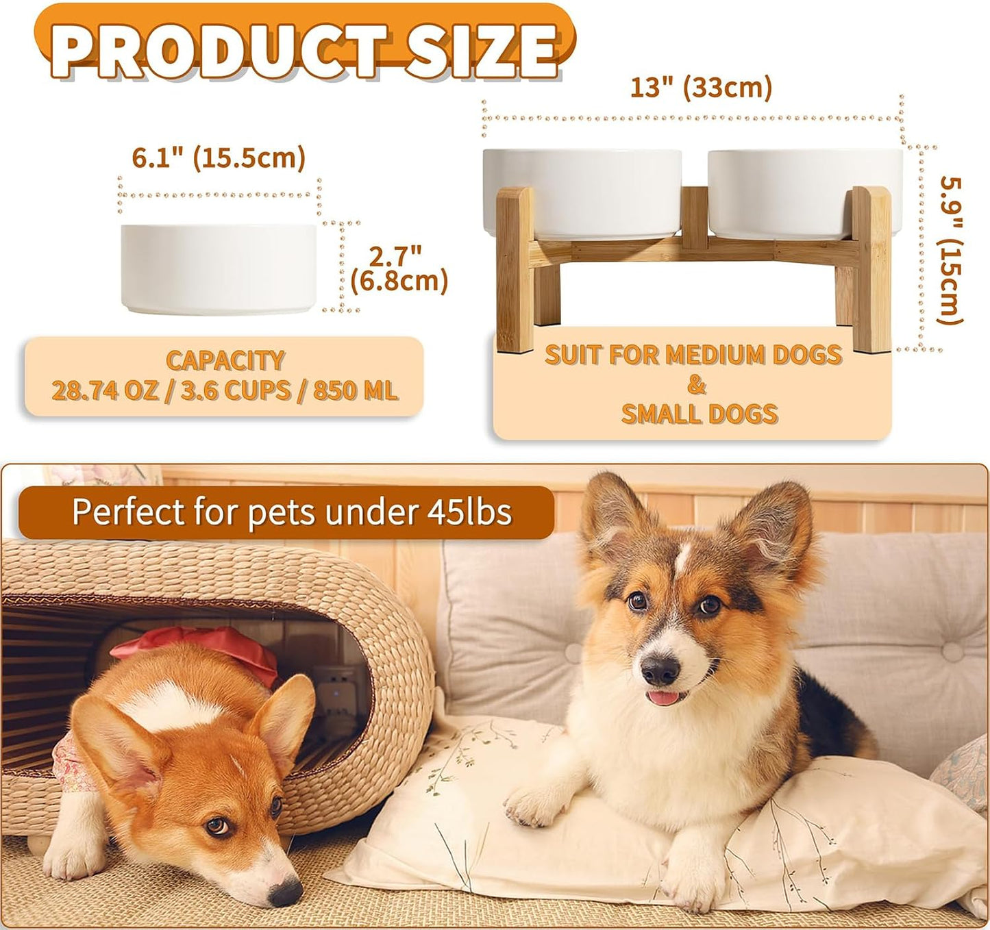 Elevated Ceramic Dog Bowls with Non-Slip Bamboo Base White 28oz x 2pcs NEW