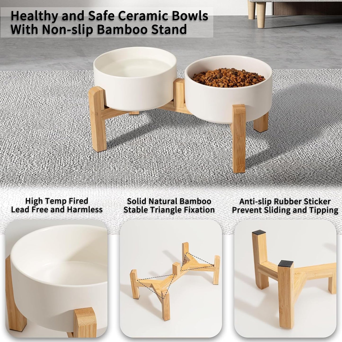 Elevated Ceramic Dog Bowls with Non-Slip Bamboo Base White 28oz x 2pcs NEW