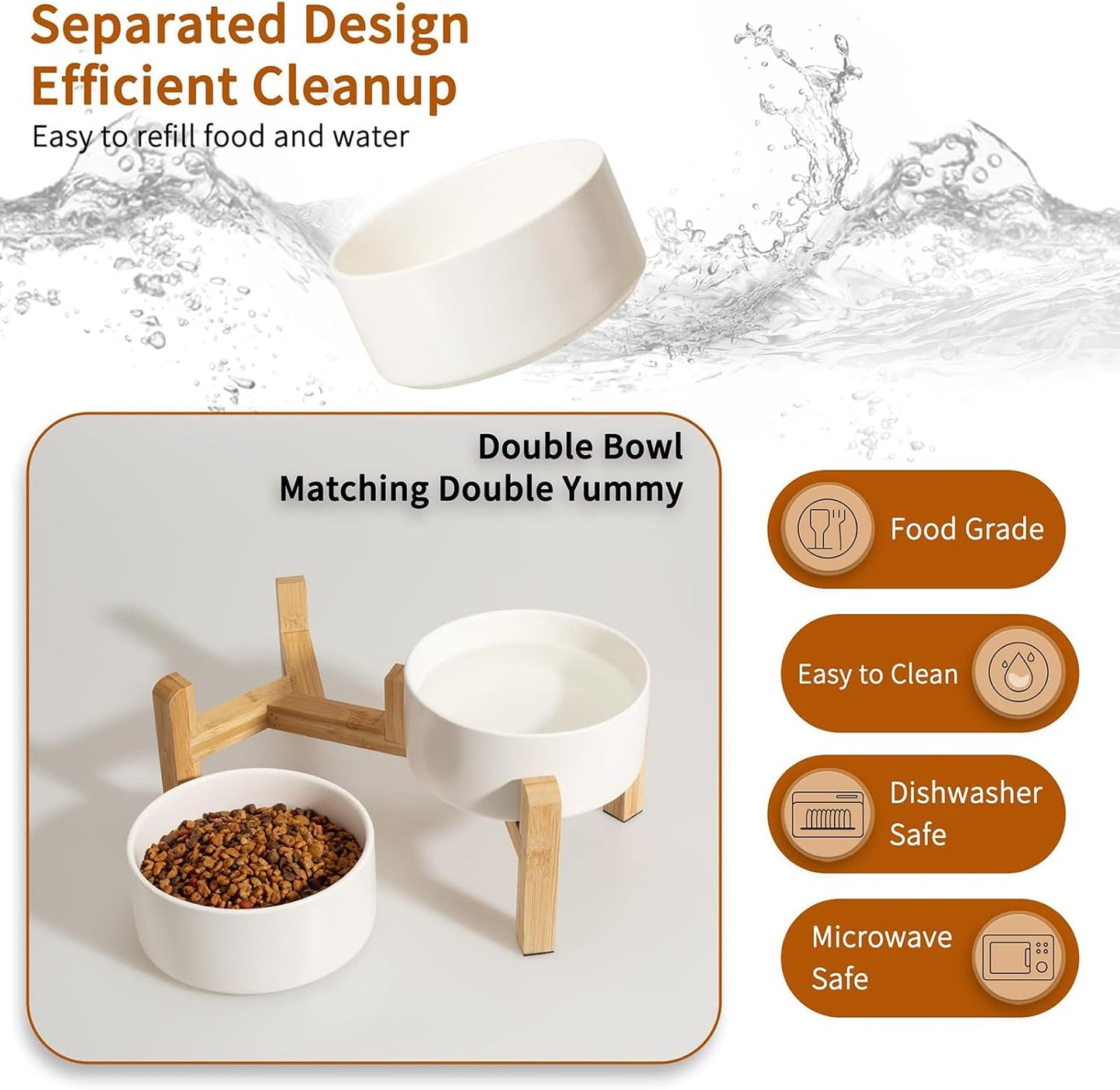 Elevated Ceramic Dog Bowls with Non-Slip Bamboo Base White 28oz x 2pcs NEW