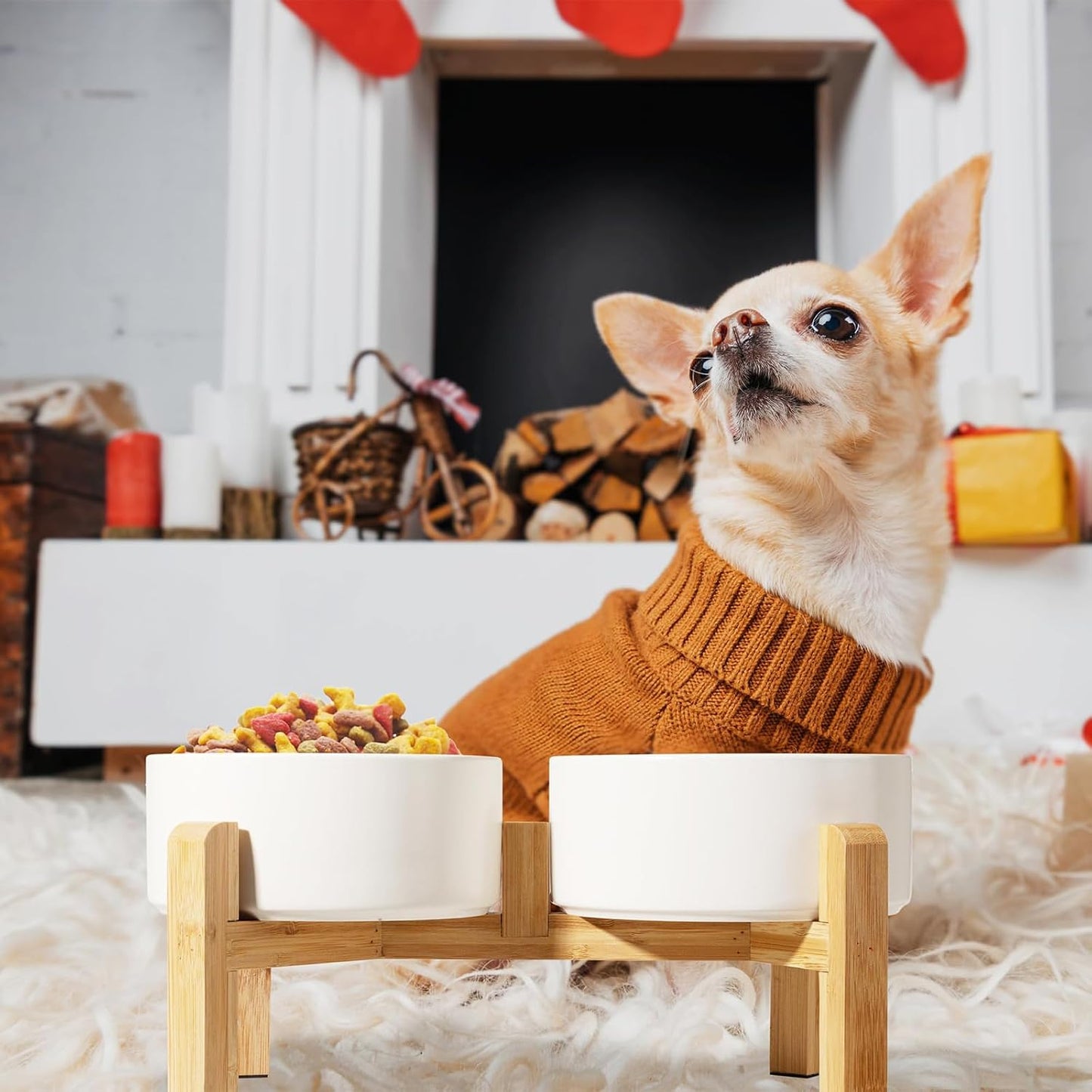 Elevated Ceramic Dog Bowls with Non-Slip Bamboo Base White 28oz x 2pcs NEW