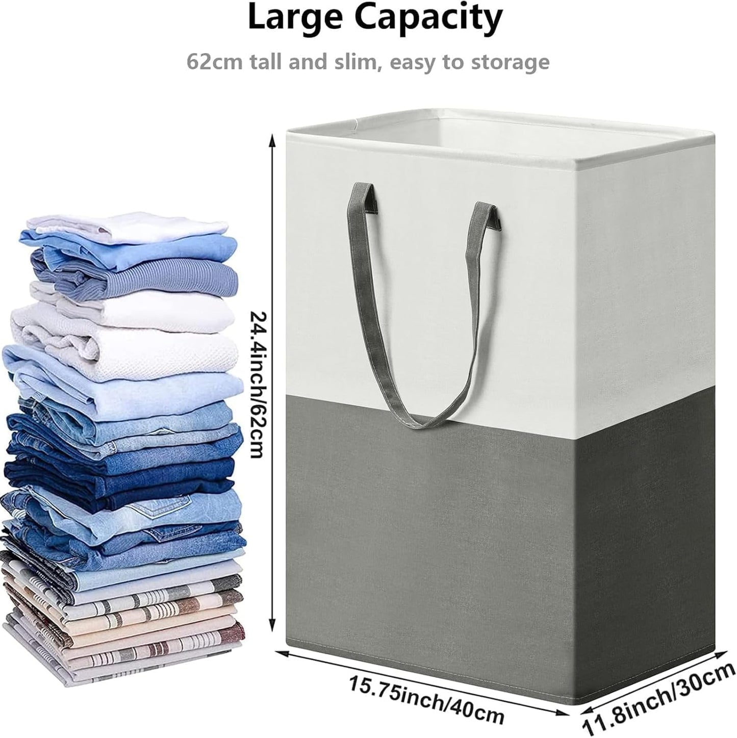 Collapsible Laundry Hamper with Long Handles Grey & White Storage Bag NEW