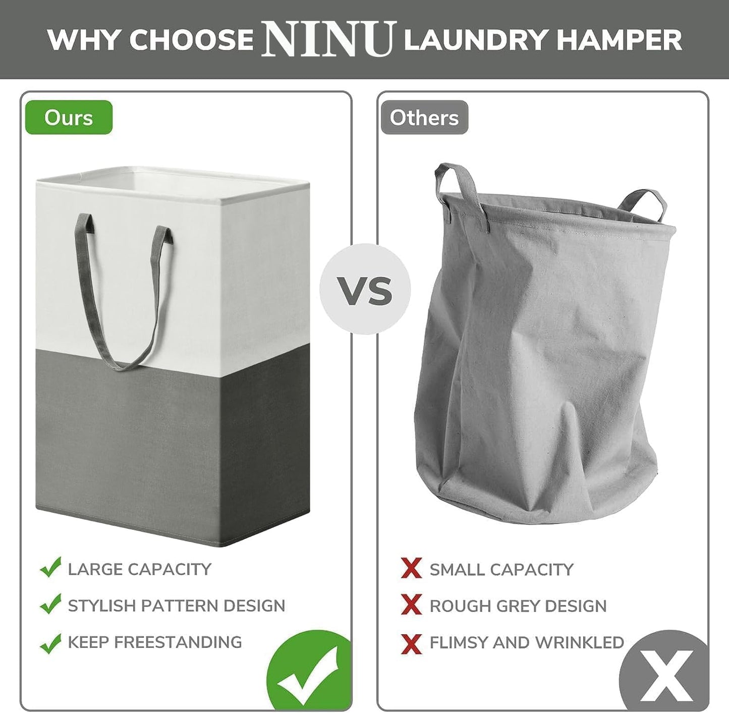 Collapsible Laundry Hamper with Long Handles Grey & White Storage Bag NEW