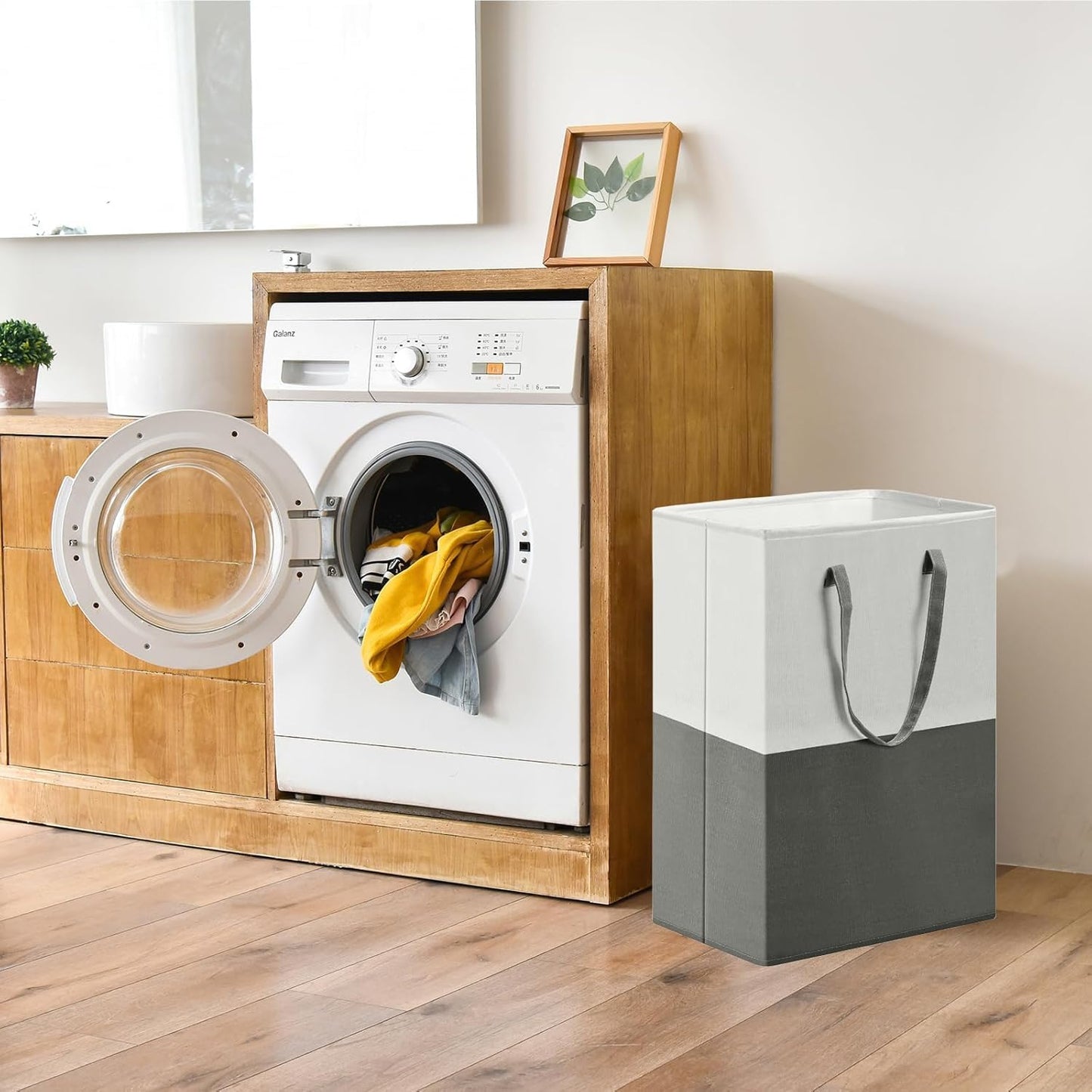 Collapsible Laundry Hamper with Long Handles Grey & White Storage Bag NEW
