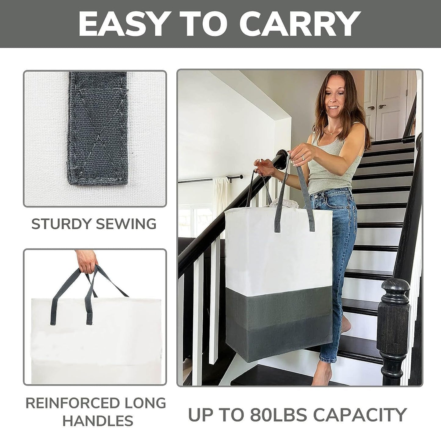 Collapsible Laundry Hamper with Long Handles Grey & White Storage Bag NEW