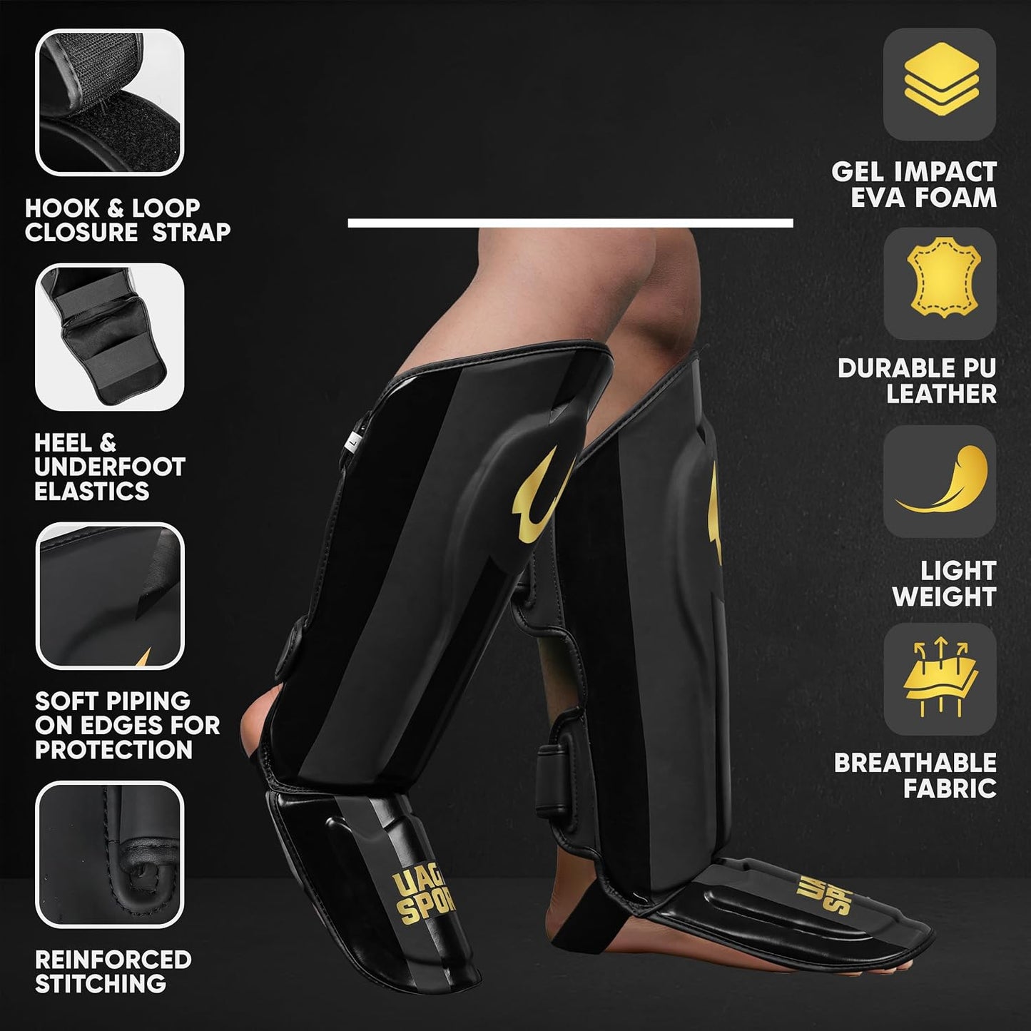 UAGAS SPORTS Protective Gear Shin Guards for Men & Women, Black, L-XL Size DEMO