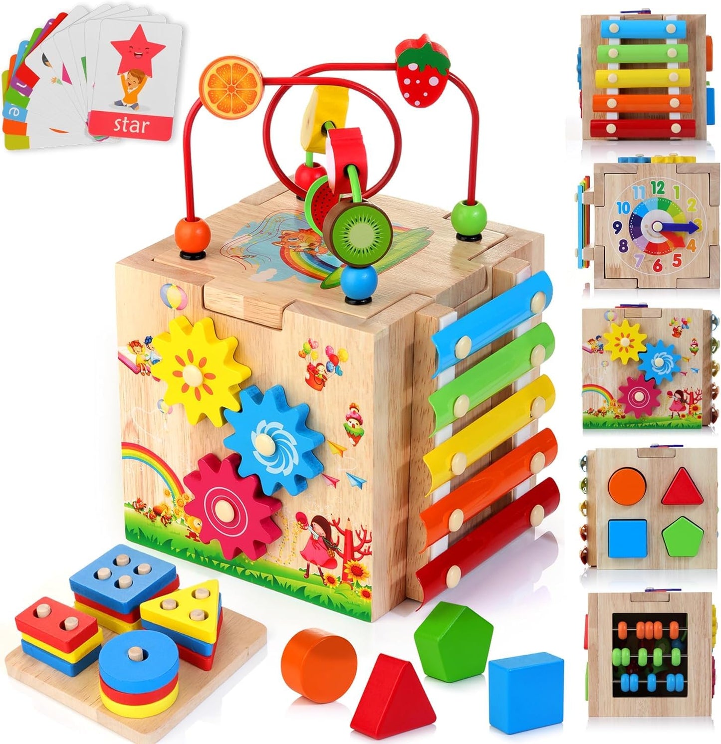 Multicolour Wooden Activity Cube Sorting & Stacking Toys for Toddlers Kids NEW