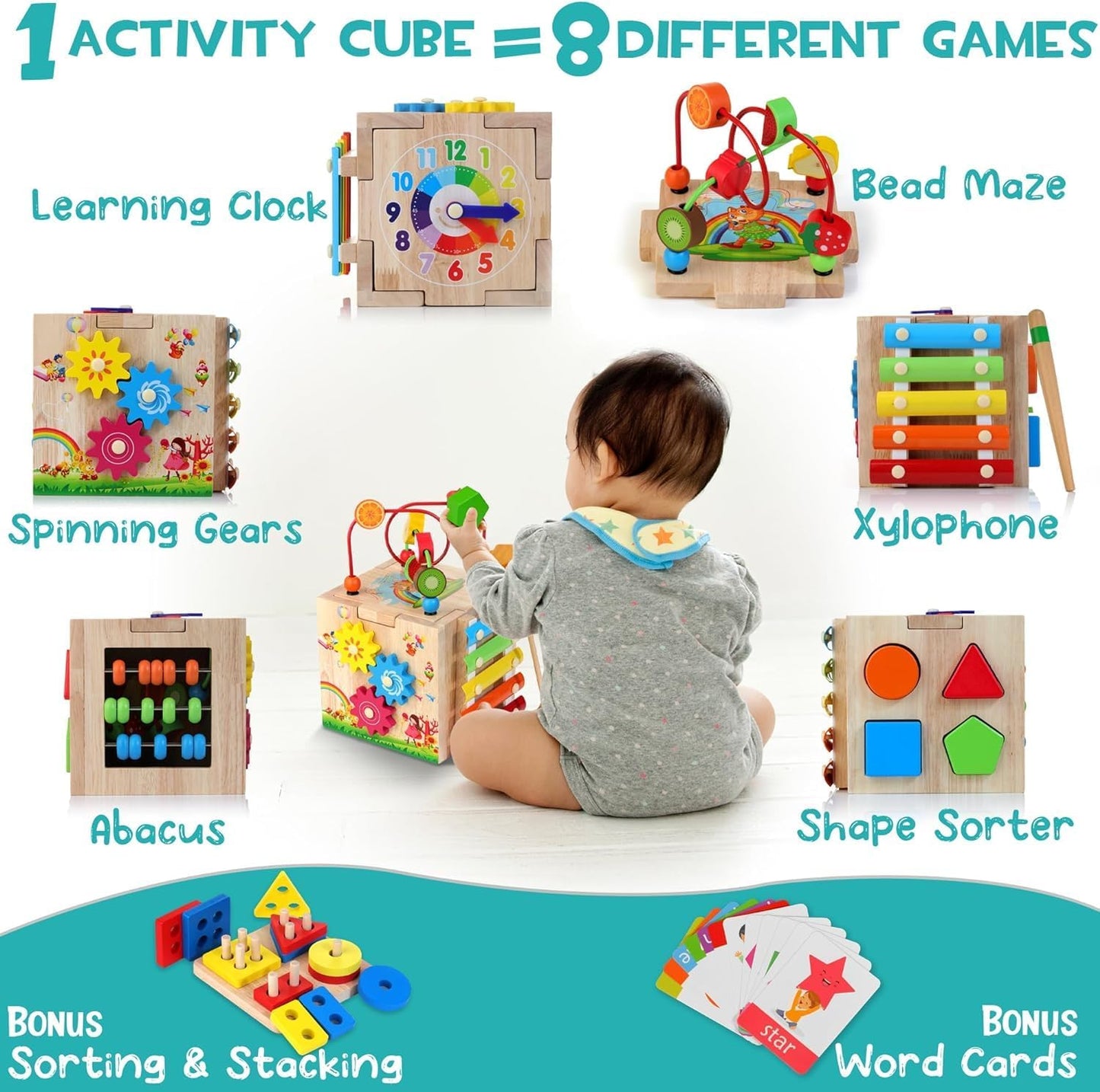 Multicolour Wooden Activity Cube Sorting & Stacking Toys for Toddlers Kids NEW