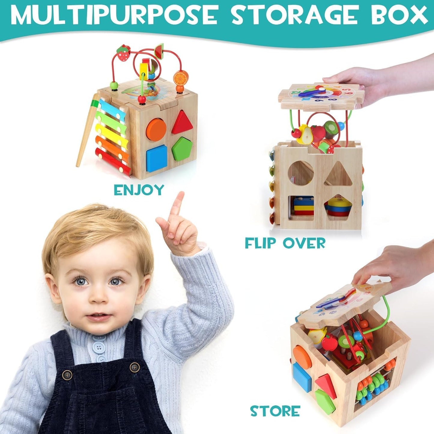 Multicolour Wooden Activity Cube Sorting & Stacking Toys for Toddlers Kids NEW