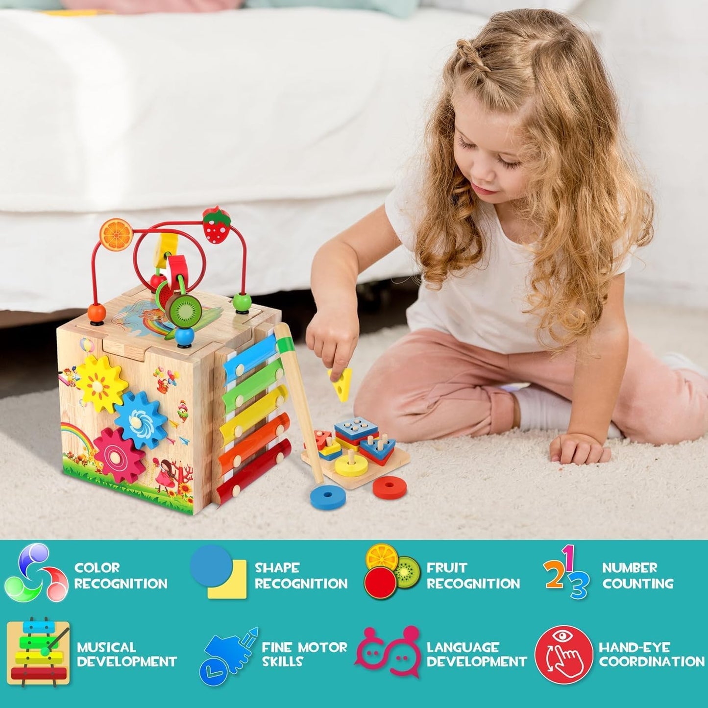 Multicolour Wooden Activity Cube Sorting & Stacking Toys for Toddlers Kids NEW