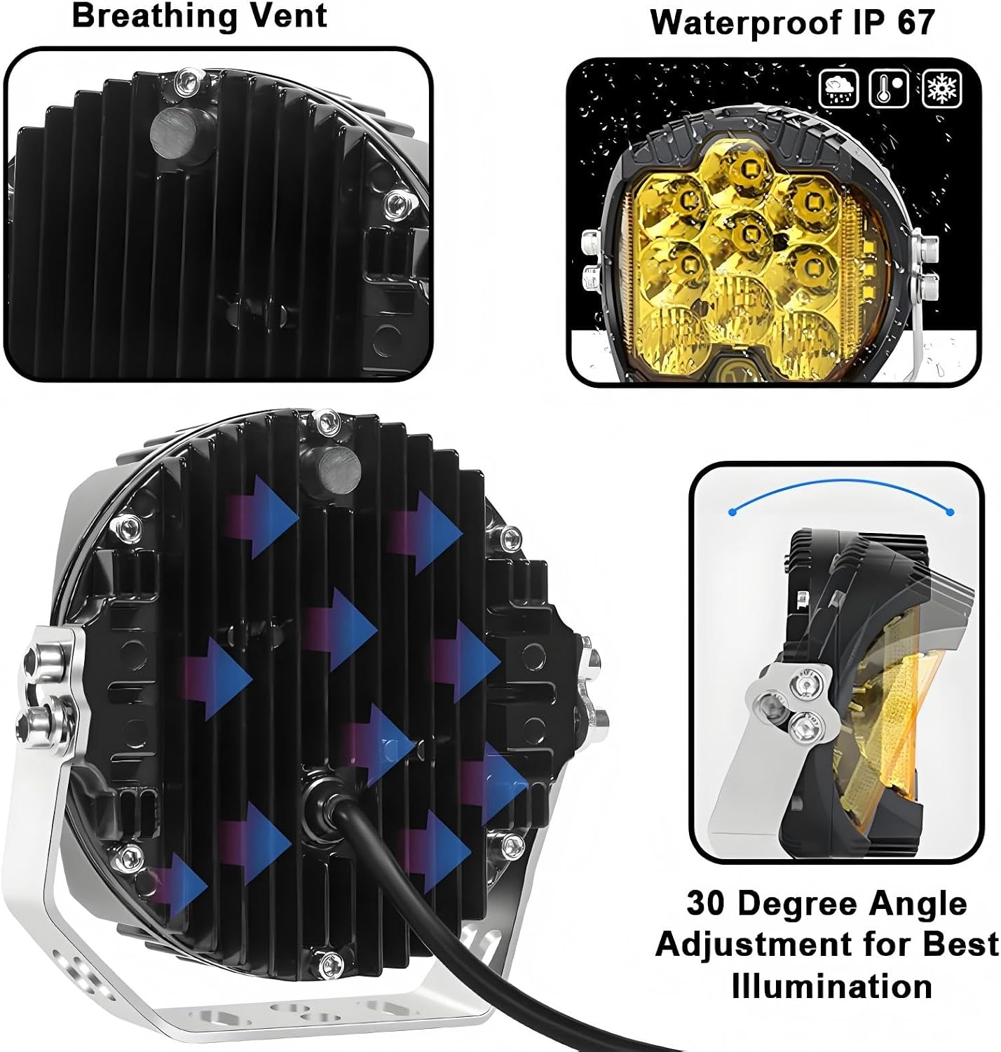 50W LED Driving Light Bar Side Shooter Off Road Work Lights 5" Yellow Size NEW