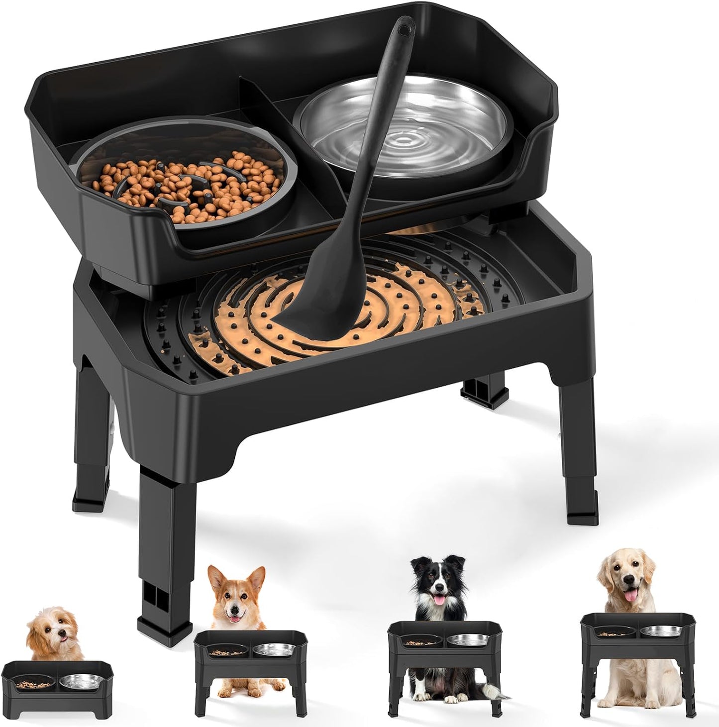 Elevated Stainless Steel Slow Feeder Dog Bowls - Black Pet Food Dishes NEW