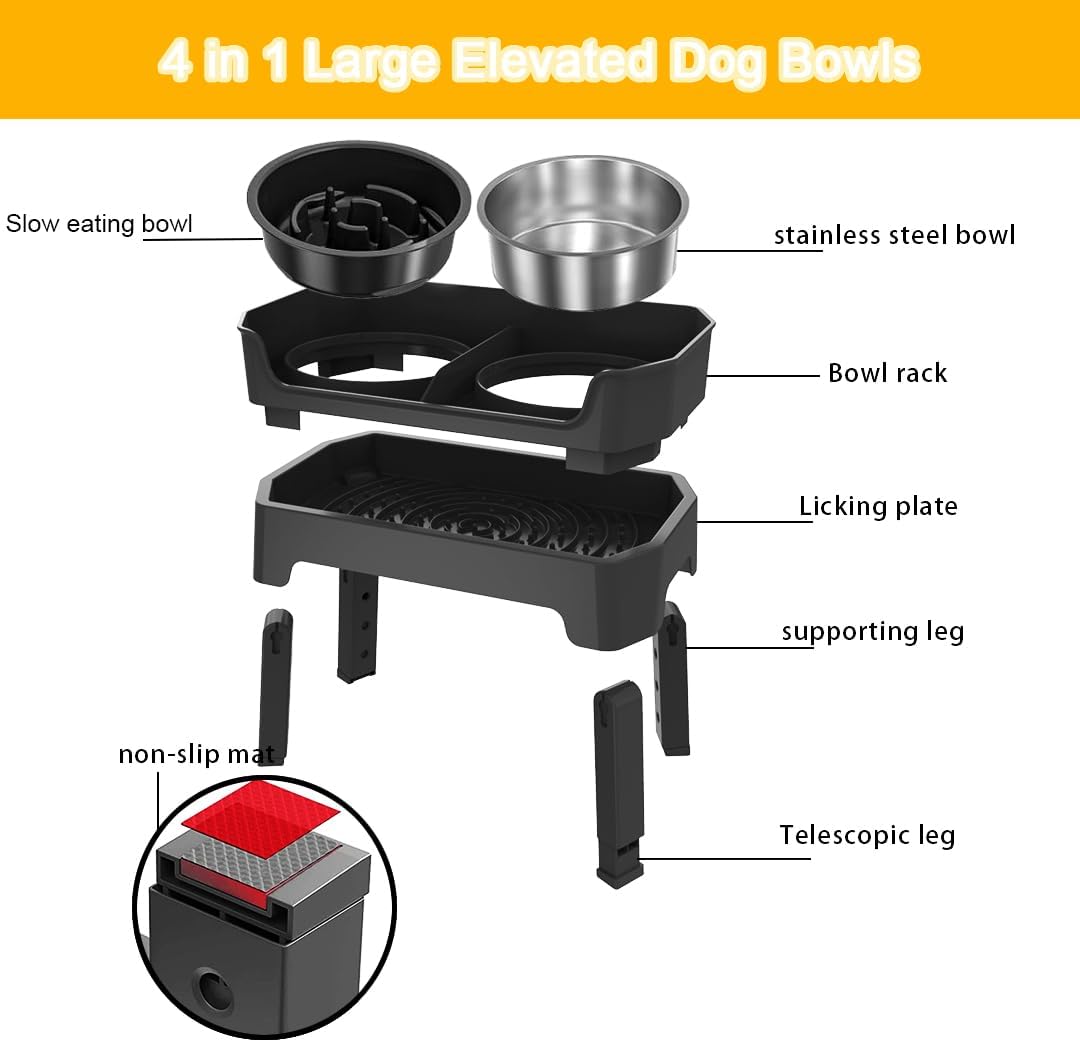Elevated Stainless Steel Slow Feeder Dog Bowls - Black Pet Food Dishes NEW